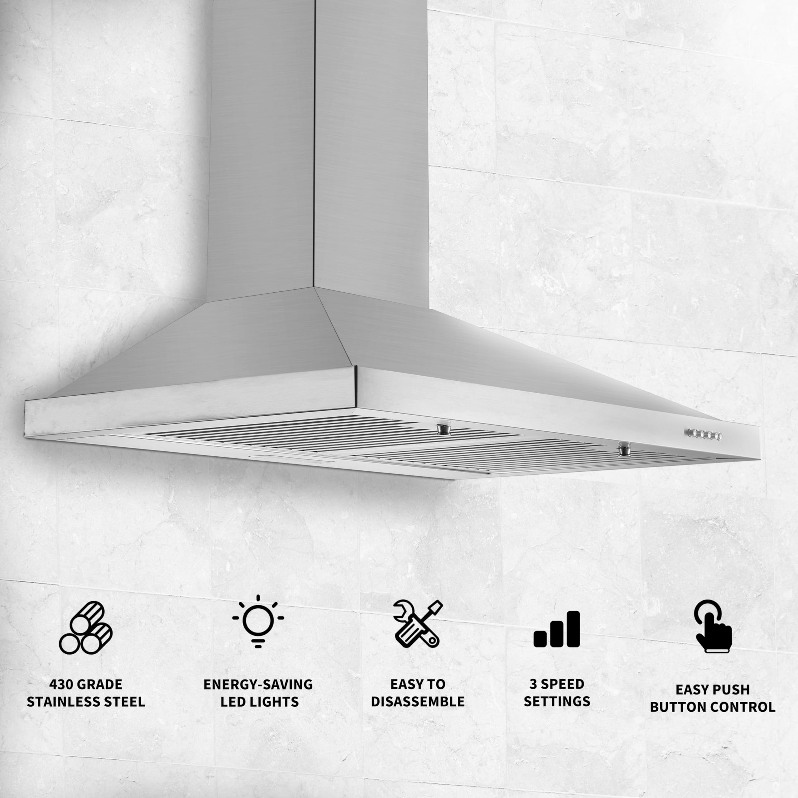 Tieasy Wall Mount Range Hood 30 inch with Ducted/Ductless Convertible Duct, Stainless Steel Chimney-Style Over Stove Vent Hood with LED Light, 3 Speed Exhaust Fan, 450 CFM