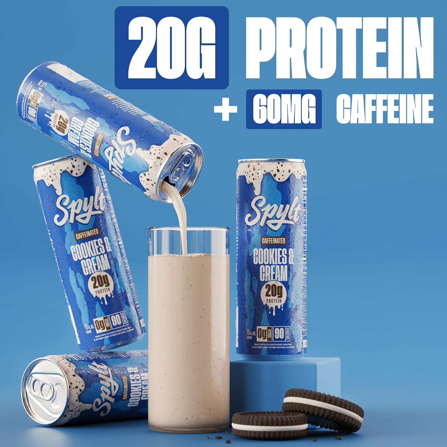 Spylt High Protein Vanilla Milkshake with 60mg Caffeine & 20g Protein - 90 Calories, Ready to Drink, Sugar Free, Lactose Free Milk, Perfect for Workout Recovery & Afternoon Pick Me Up - 12 Count