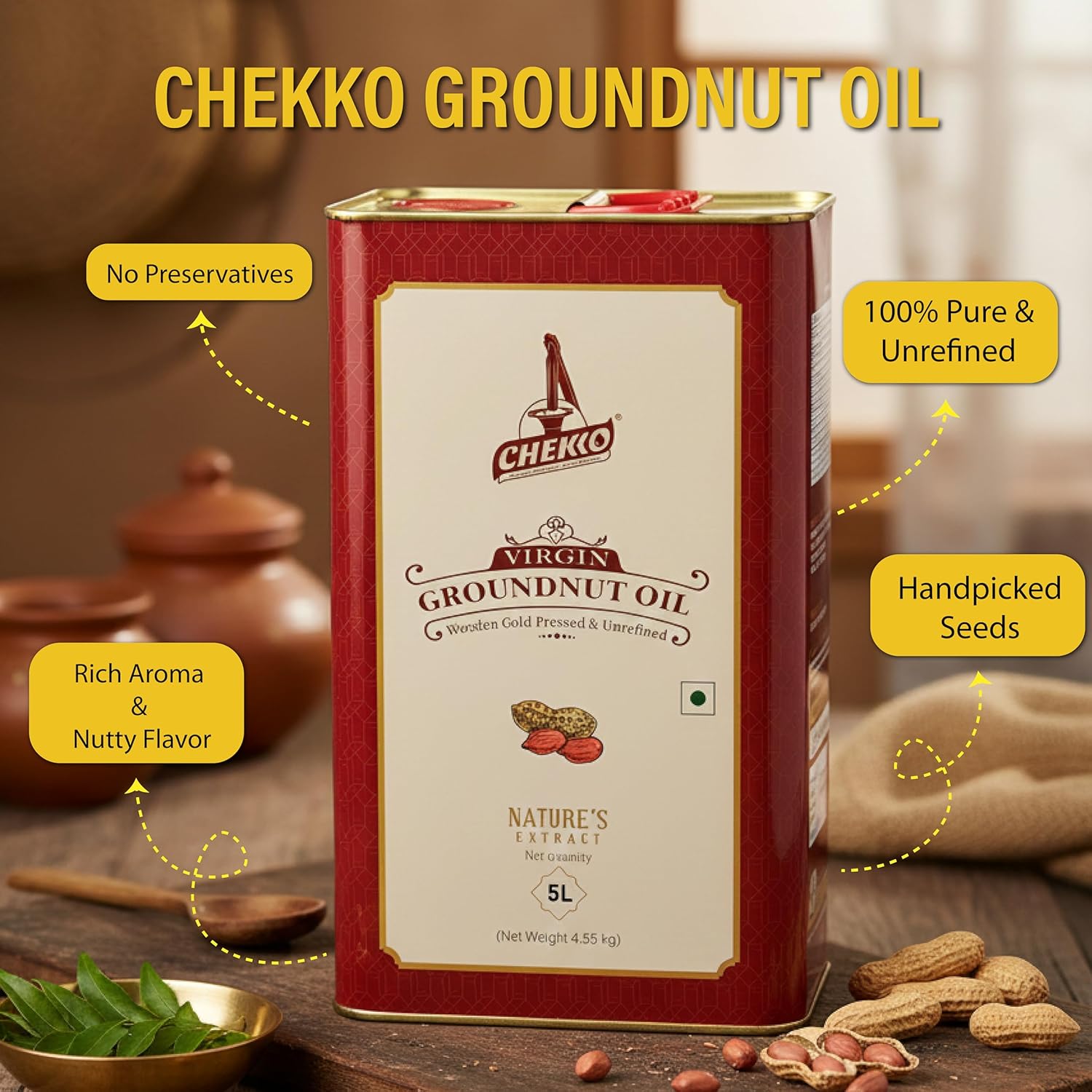 Chekko Cold Pressed Virgin 5L Groundnut/Peanut Oil | 100% Natural, Pure, Non GMO & Wood Pressed 169 FL.Oz for Cooking