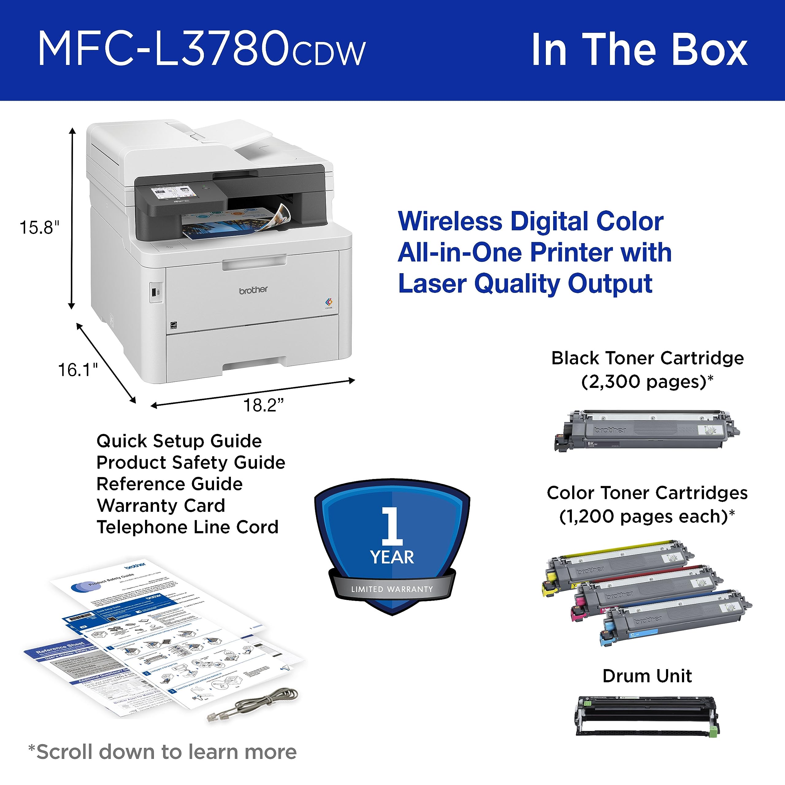 Brother MFC-L3780CDW Wireless Digital Color All-in-One Printer with Laser Quality Output, Single Pass Duplex Copy & Scan | Includes 2 Month Refresh Subscription Trial, Works with Alexa