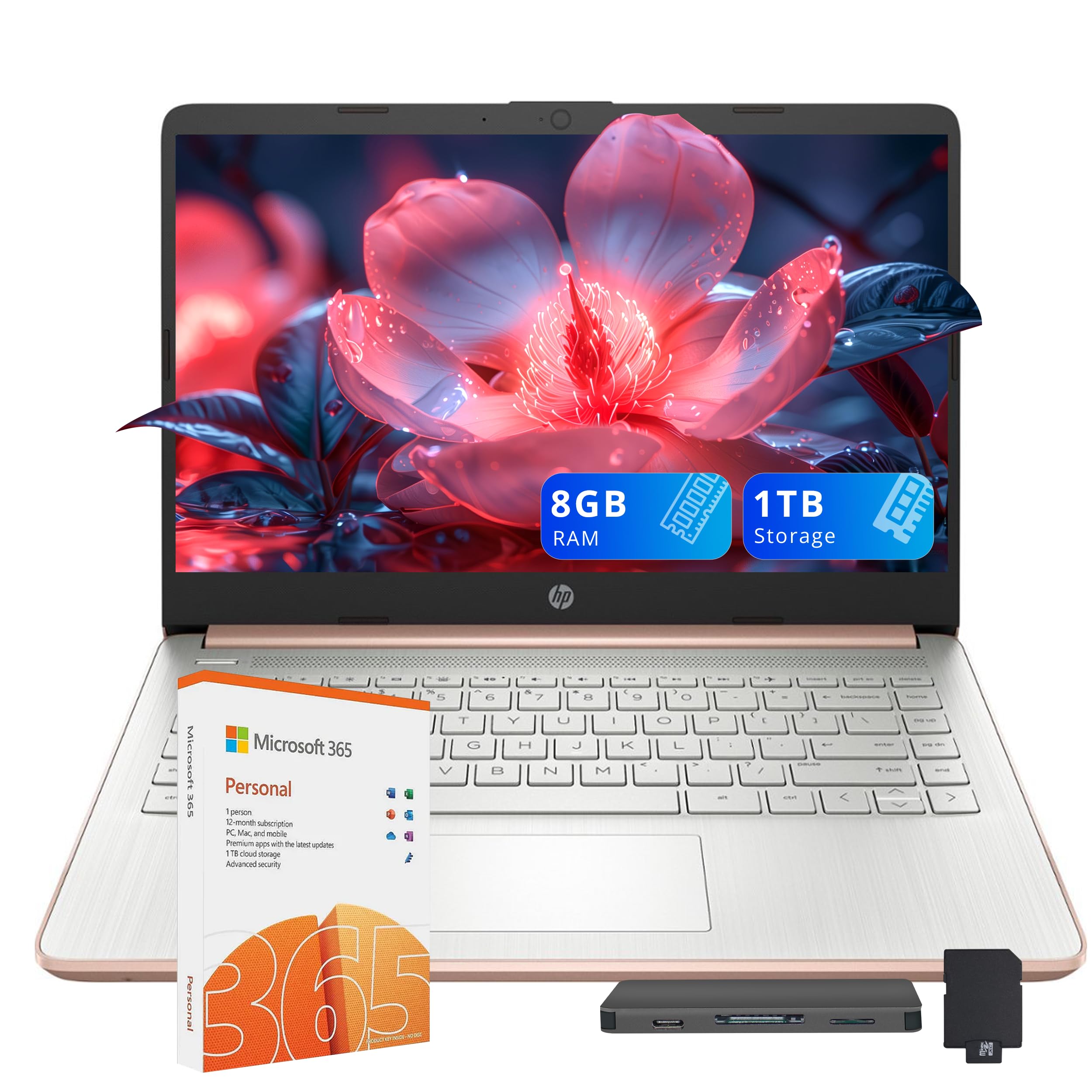 HP 14" HD Laptop, Windows 11, Intel Celeron Dual-Core Processor Up to 2.60GHz, 4GB RAM, 64GB SSD, Webcam, Dale Pink (Renewed)