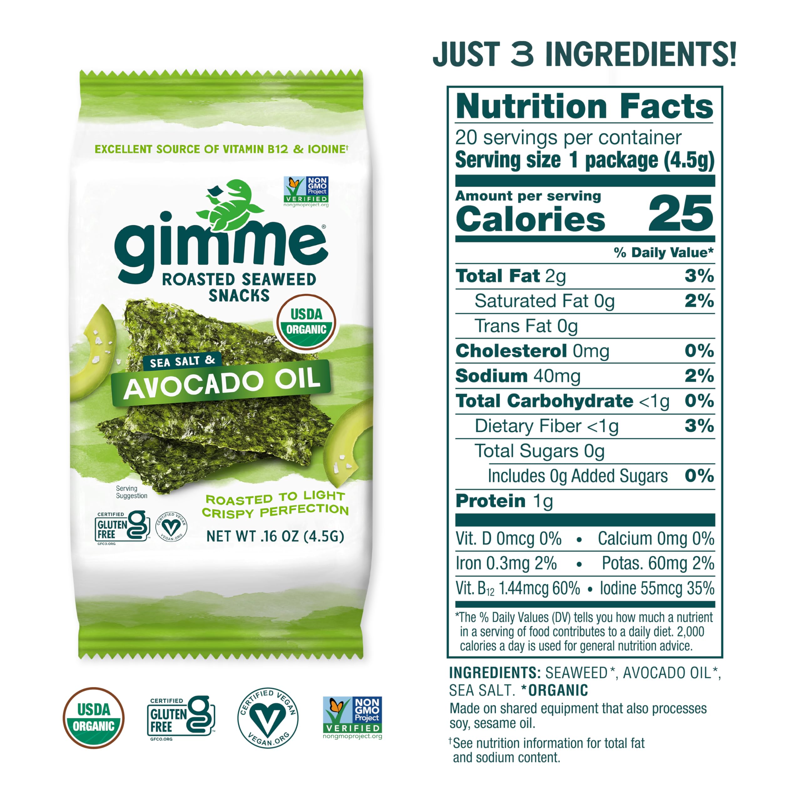 Gimme Seaweed Organic Premium Roasted Seaweed Snacks, Sea Salt, 20 Count, Keto, Vegan, Gluten-Free, Great Source of Omega3s and Iodine, Healthy On-The-Go Snack for Kids and Adults