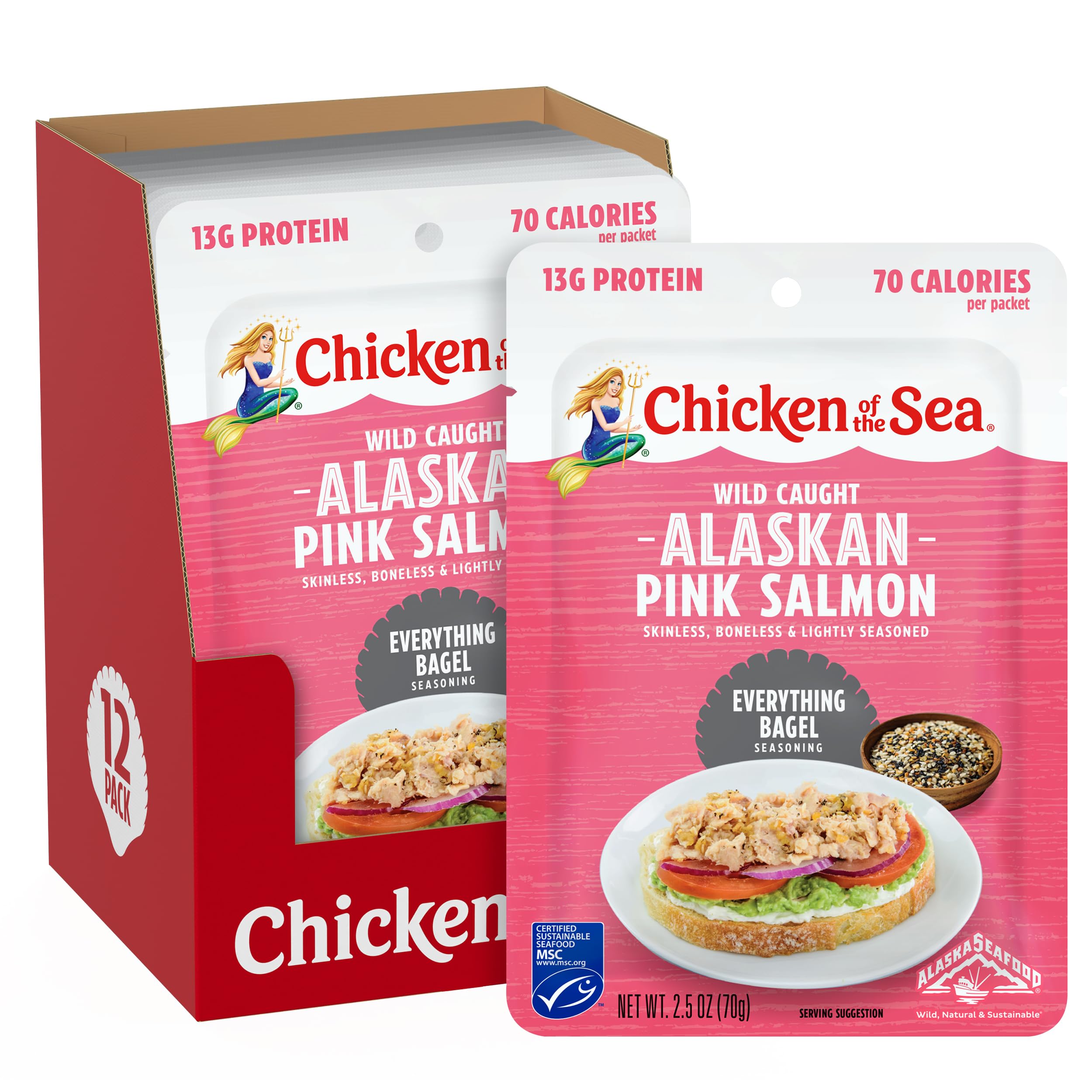 Chicken of the Sea Alaskan Pink Salmon in Spring Water, 2.5 Ounce Packets (Box of 12), Wild Caught, Skinless & Boneless