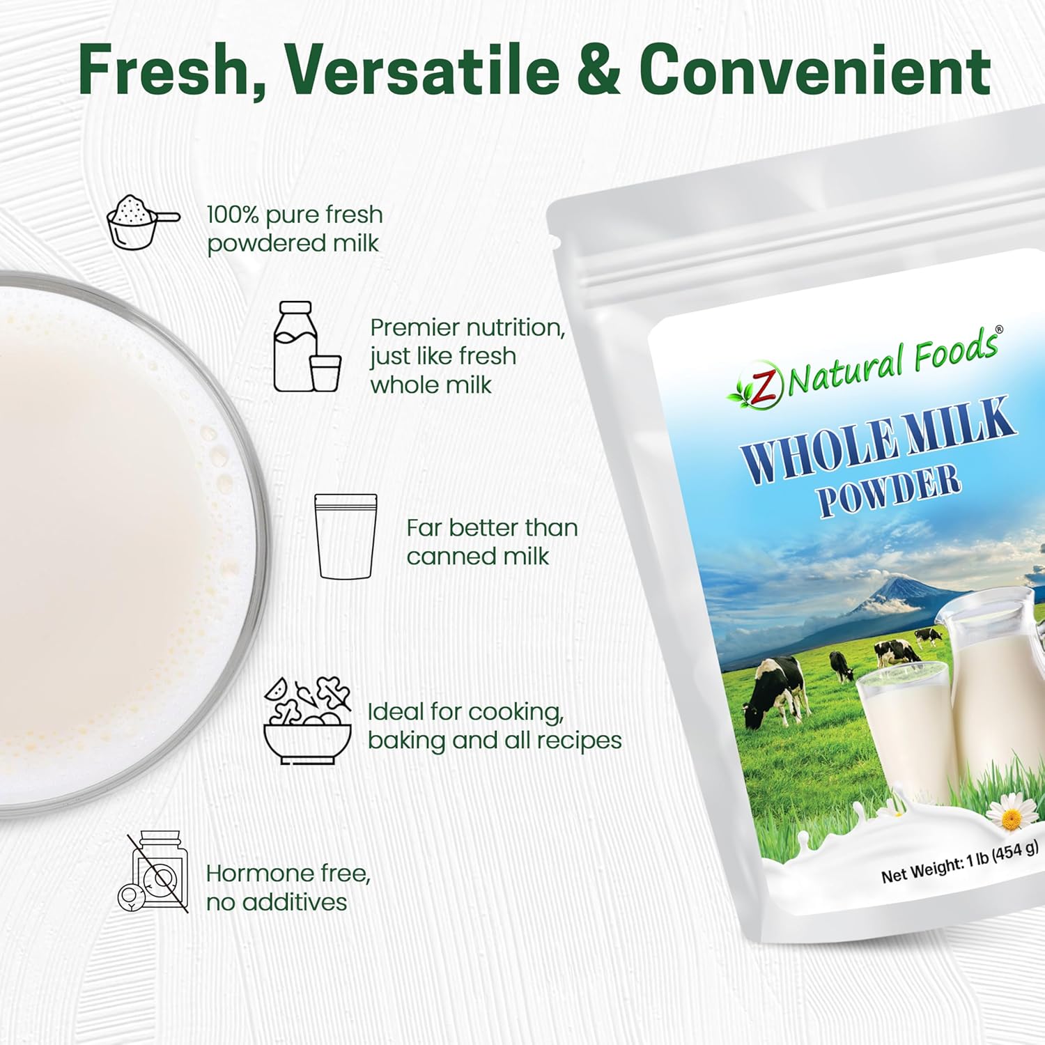 Z Natural Foods Premium Whole Milk Powder - Powdered Milk for Baking, Cooking, Drinks - Dry Milk Powder, Pasteurized, Non-GMO, Gluten-Free, Kosher-Certified, 5 lbs