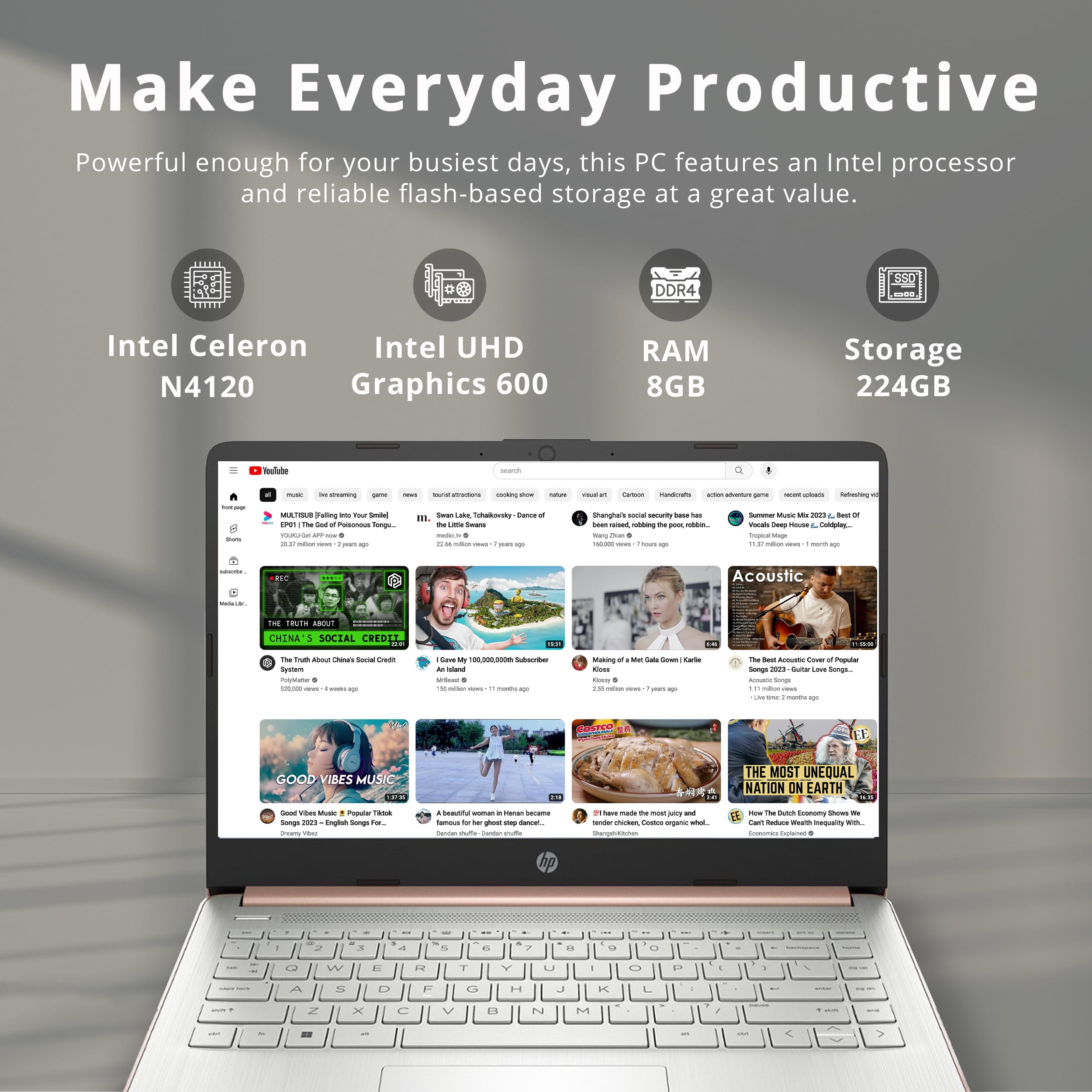 HP 14" HD Laptop, Windows 11, Intel Celeron Dual-Core Processor Up to 2.60GHz, 4GB RAM, 64GB SSD, Webcam, Dale Pink (Renewed)
