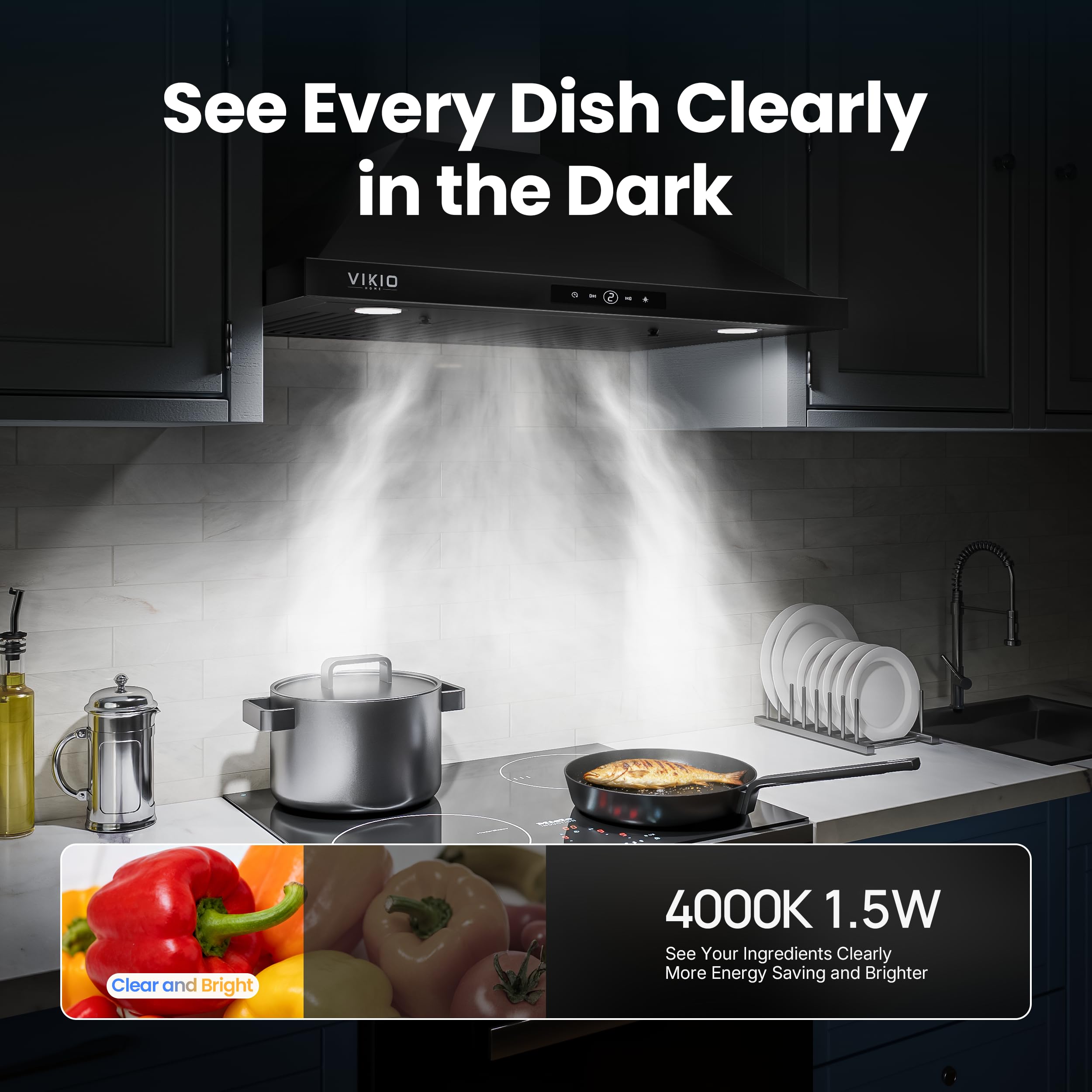 VIKIO HOME Wall Mount Range Hood 30 inch, 580 CFM, Ducted/Ductless Convertible, Stainless Steel Kitchen Vent Hood with 3-Speed Fan and LED Lights