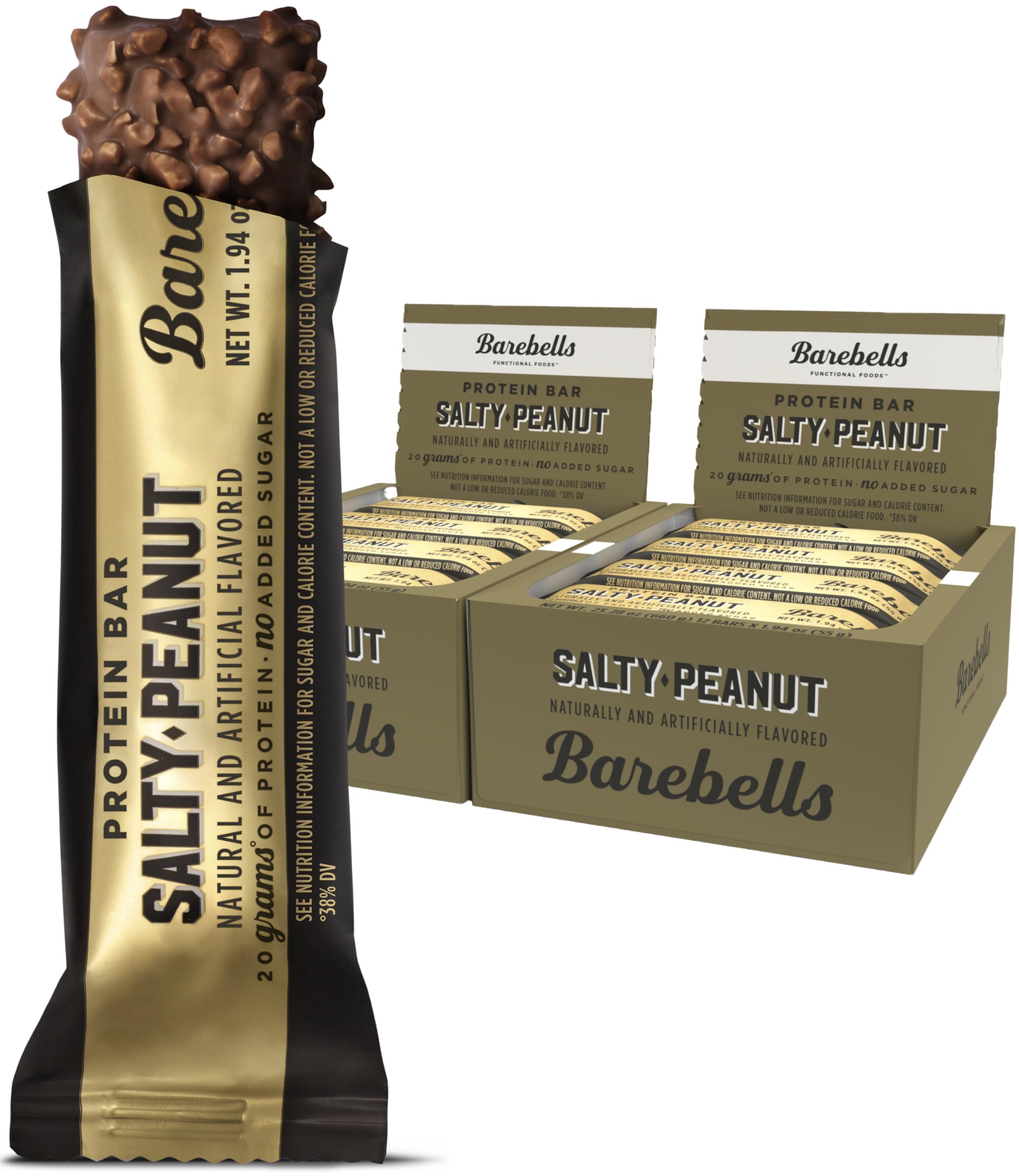 Barebells Protein Bars Salty Peanut - 12 Count, 20g High Protein Treats - Chocolate Nutrition Bar with 1g Total Sugars - On-The-Go Breakfast or Post-Workout Snack