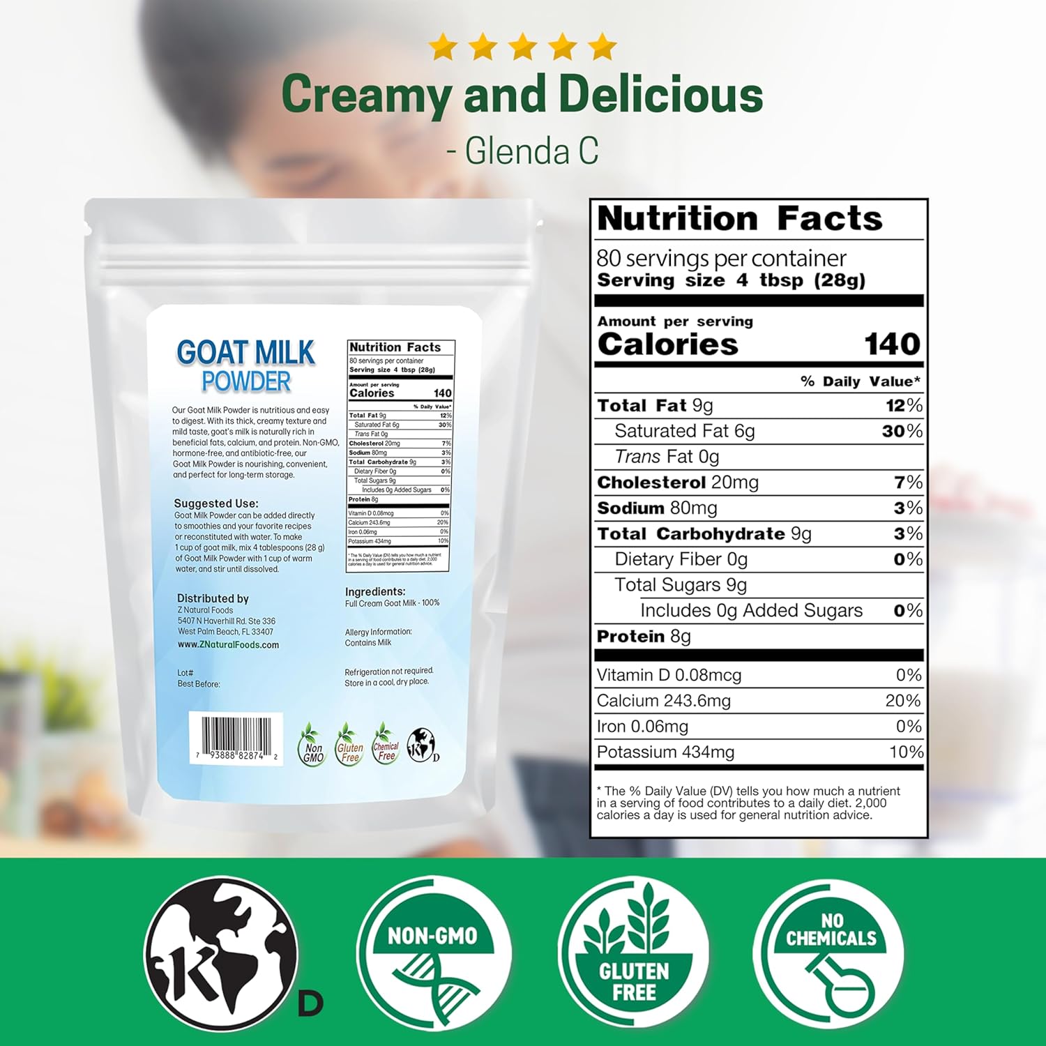Z Natural Foods Premium Whole Milk Powder - Powdered Milk for Baking, Cooking, Drinks - Dry Milk Powder, Pasteurized, Non-GMO, Gluten-Free, Kosher-Certified, 5 lbs