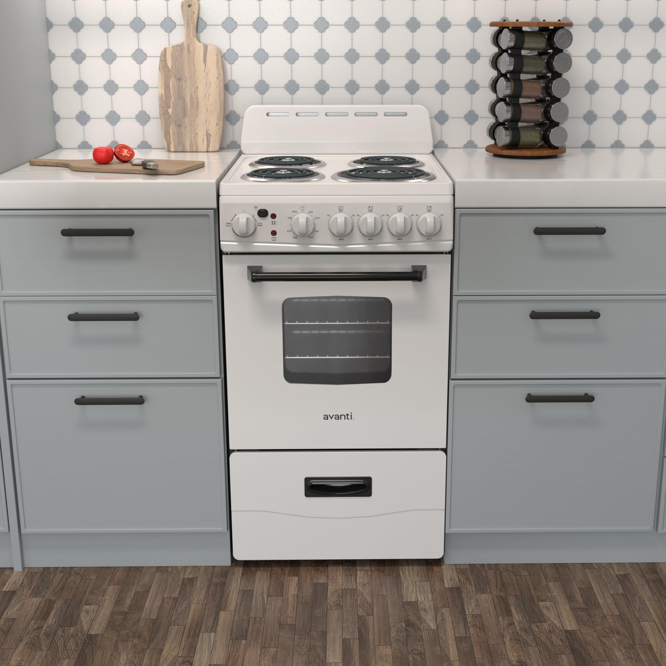 Avanti Electric Range Oven Compact Design, 2.1-Cu.Ft. Capacity with 4 Coil Burners, Framed Glass Oven Door, Storage Drawer and Broiler with Pan Perfect for Apartments, 20-Inch, Stainless Steel