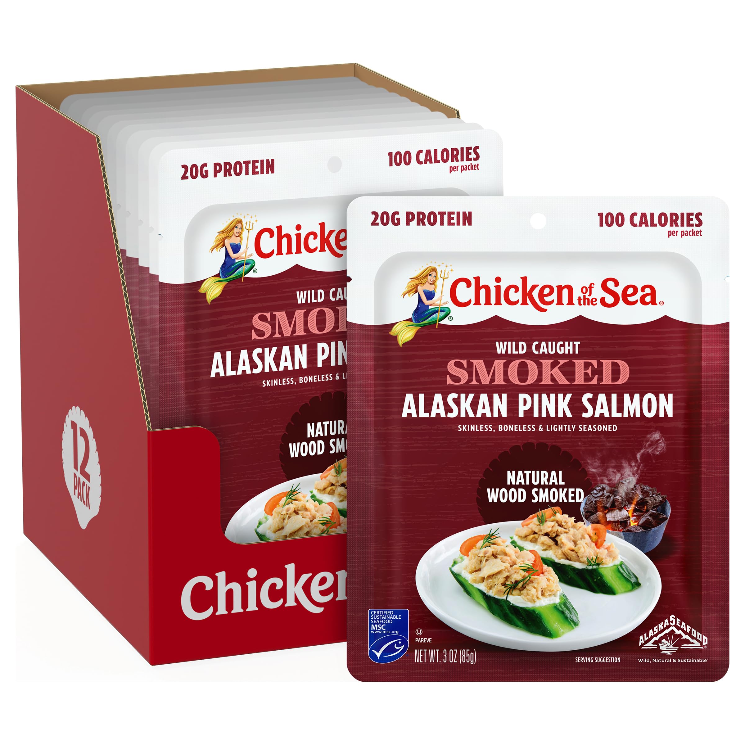Chicken of the Sea Alaskan Pink Salmon in Spring Water, 2.5 Ounce Packets (Box of 12), Wild Caught, Skinless & Boneless