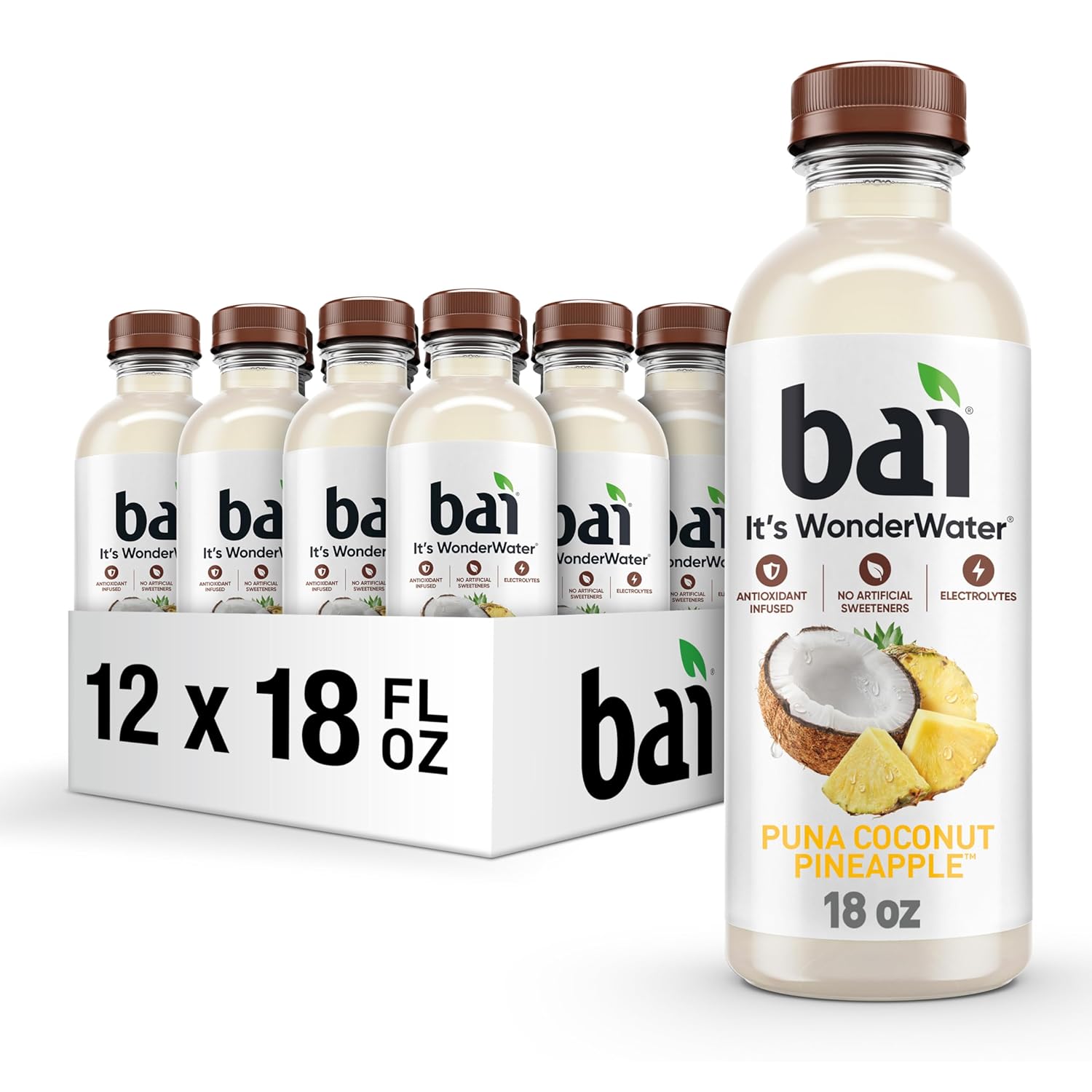 Bai Antioxidant Infused Water Beverage, Molokai Coconut, with Vitamin C and No Artificial Sweeteners, 18 Fluid Ounce Bottle, 12 Pack