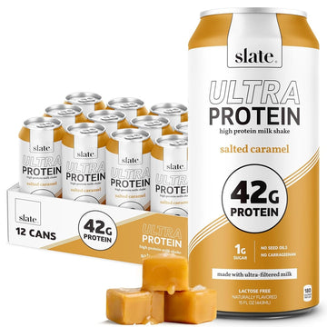 Slate Milk - Ultra Protein Shake - Vanilla - 42g Protein, 1g Sugar, 180 Calories, 1g Net Carbs - Lactose Free, No Added Sugar - Made with Ultra Filtered Milk - Breakfast Boost, Post Workout - 15 fl oz, 12 Cans