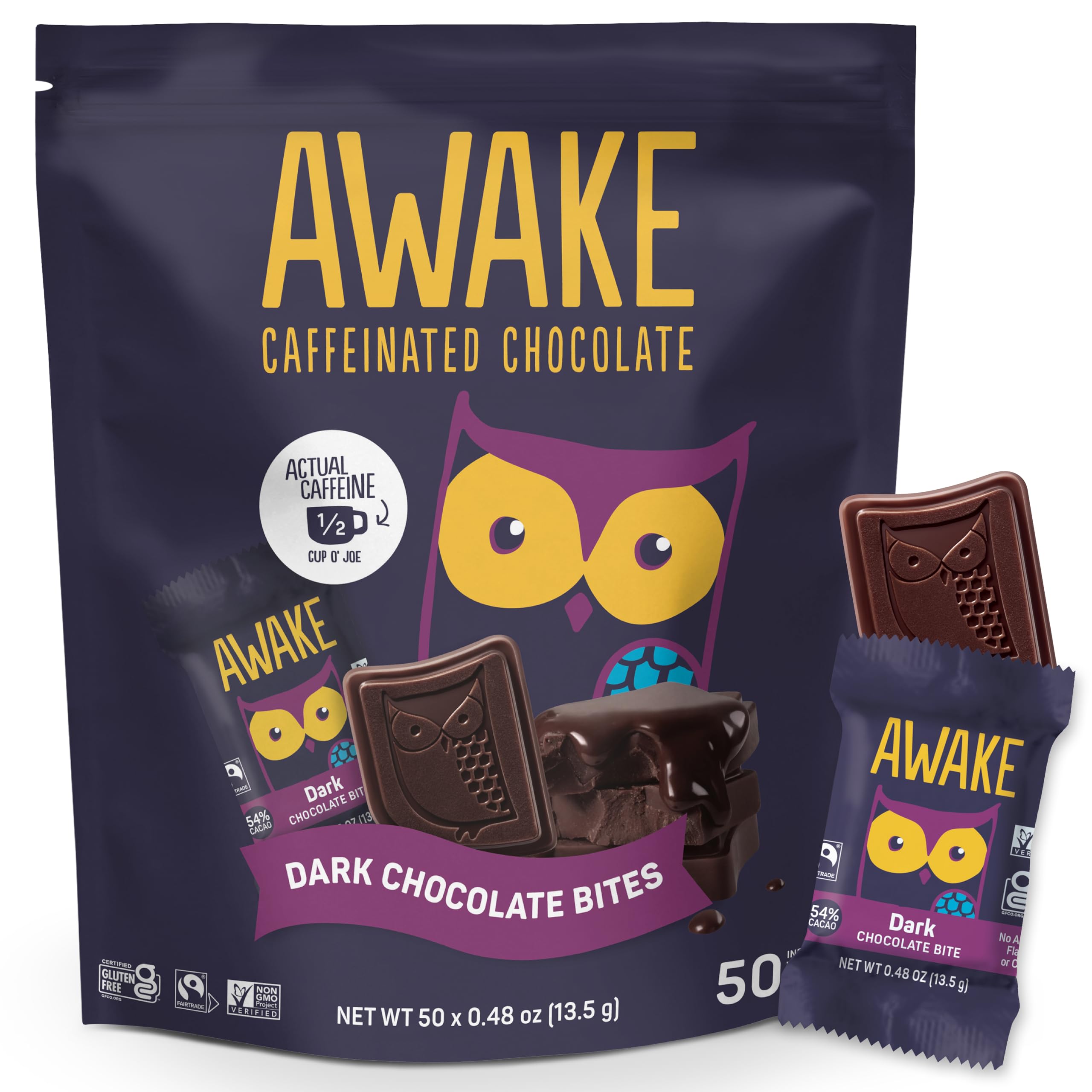 AWAKE - Caffeinated Chocolate Bites - Caramel Milk Chocolate, 50 Bites - 50mg Caffeine - Individually Wrapped Energy Bites - Coffee Alternative - Fairtrade, Gluten Free, Non GMO - 0.48oz