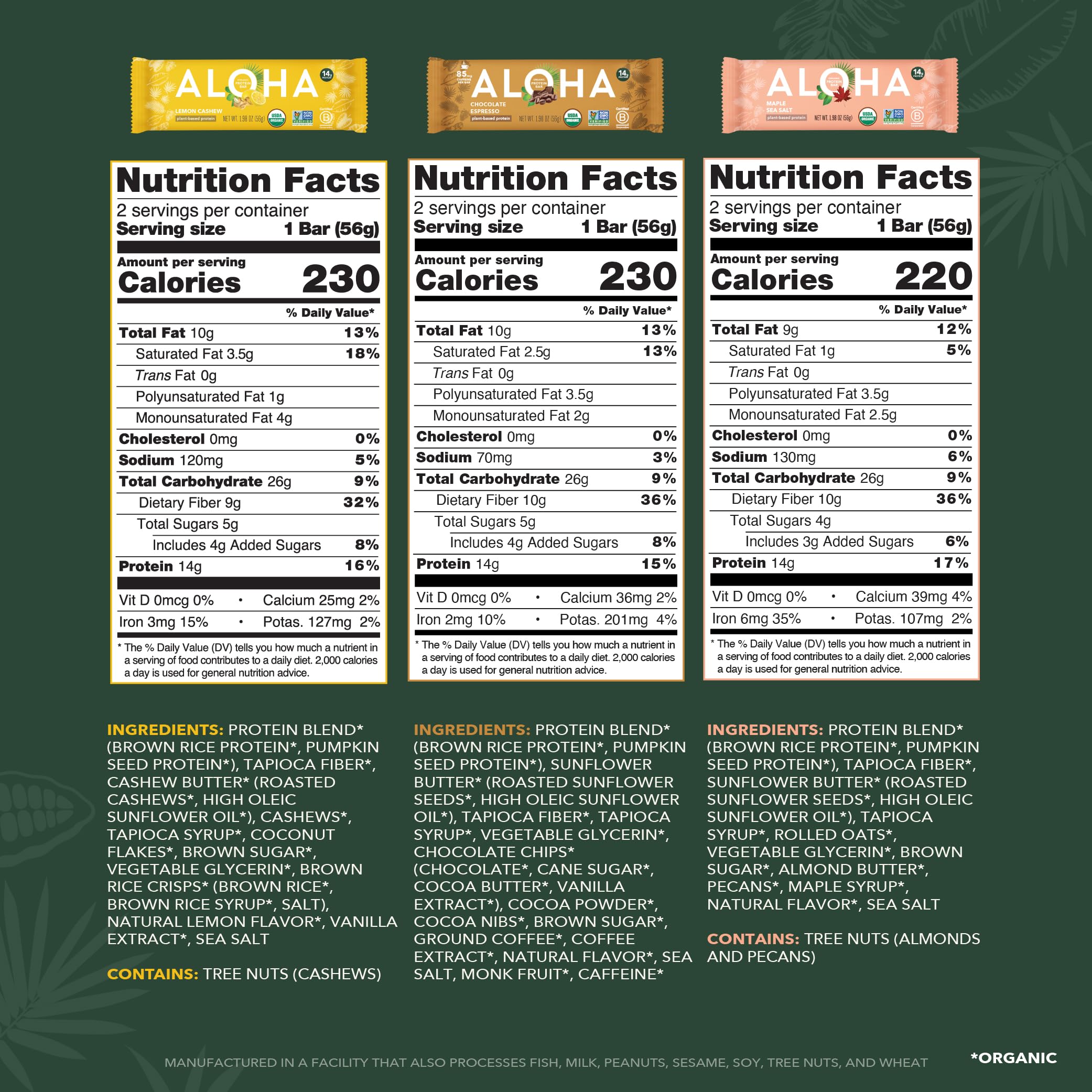 ALOHA Organic Plant Based Protein Bars |Peanut Butter Chocolate Chip | 1.98 Oz (Pack of 12) | Vegan, Low Sugar, Gluten Free, Paleo, Low Carb, Non-GMO, Stevia Free, Soy Free, No Sugar Alcohols