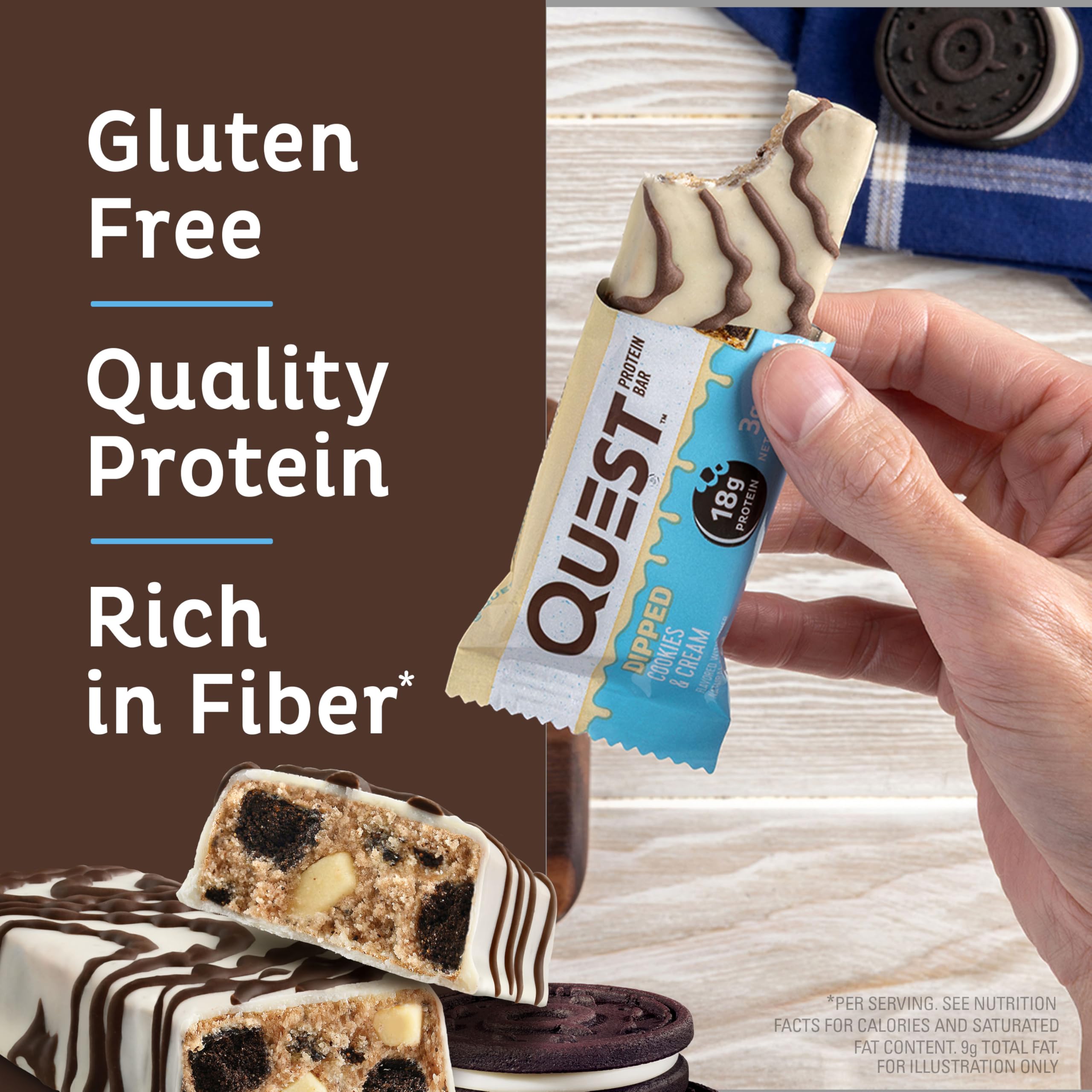 Quest Nutrition Chocolate Chip Dough Cookie Protein Bars, 21g Protein, 1g Sugar, 4g Net Carb, High Fiber, Gluten Free, Keto Friendy, 12 Count