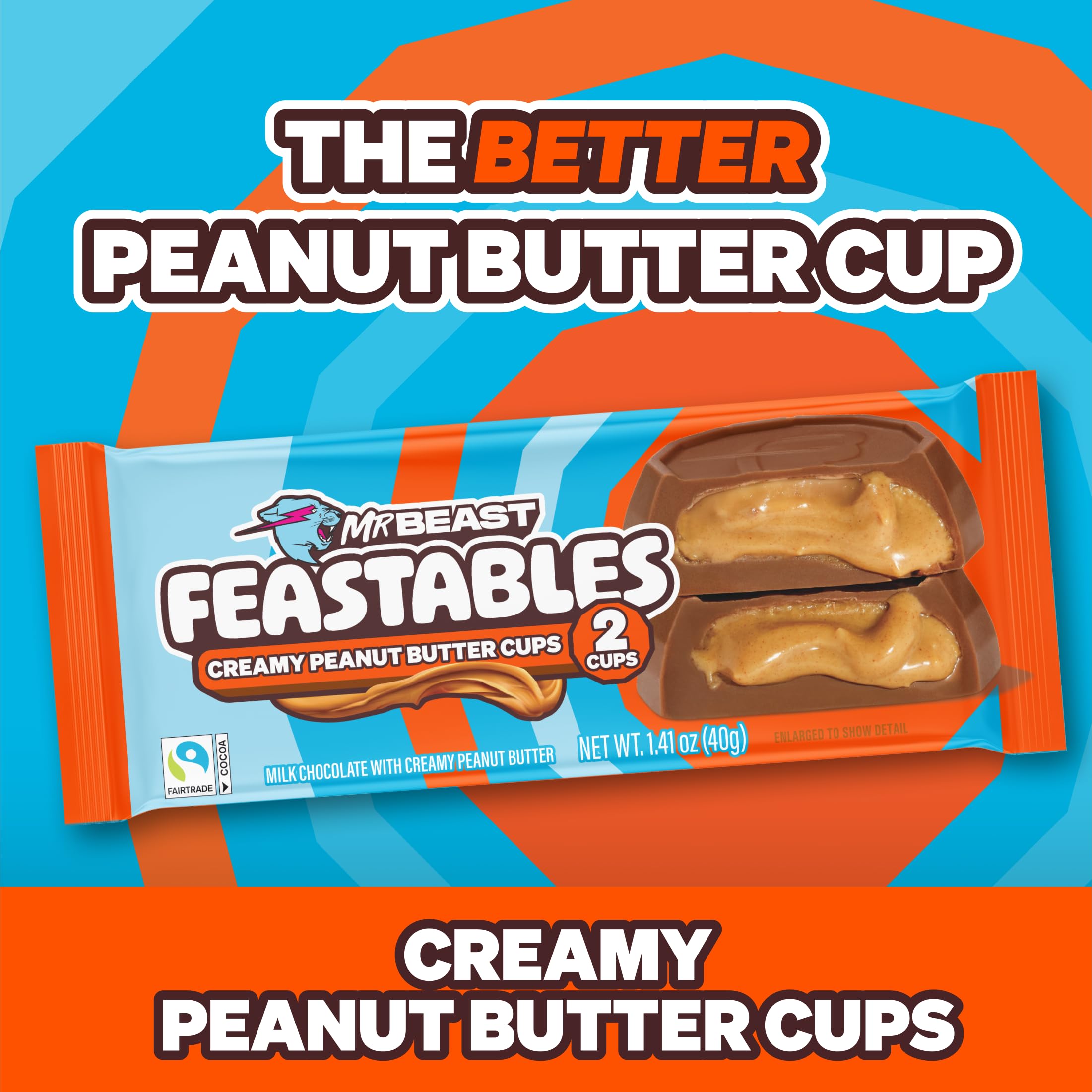 Feastables MrBeast Peanut Butter Jack-O-Lantern, Milk Chocolate & Creamy Peanut Butter Filling, Cups for Adults & Kids, Chocolate Candy for Halloween Snacks, Made With Fairtrade Cocoa, 30 Count