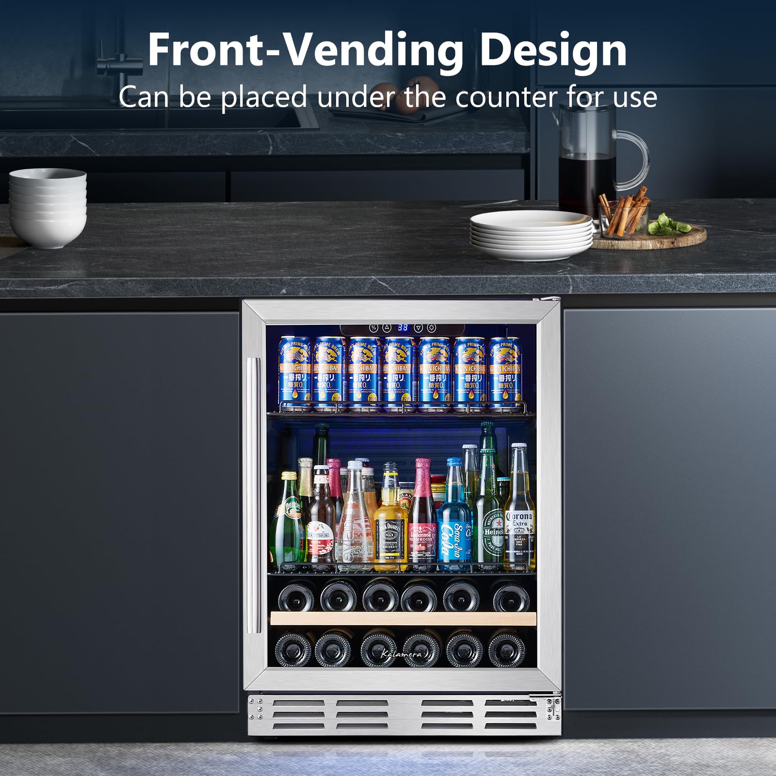 Kalamera 24 inch Wine Cooler, 37 Bottle - Dual Zone Built-in or Freestanding Fridge with Stainless Steel Reversible Glass Door, for Home, Kitchen or Office
