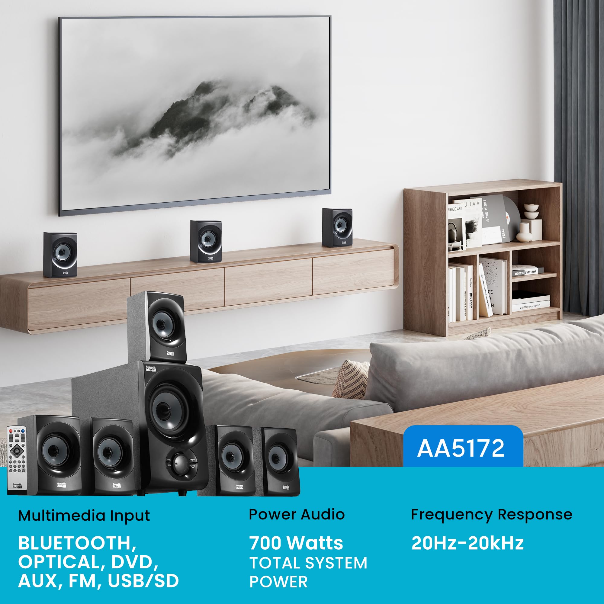 Acoustic Audio AA5170 Home Theater 5.1 Bluetooth Speaker System 700W with Powered Sub