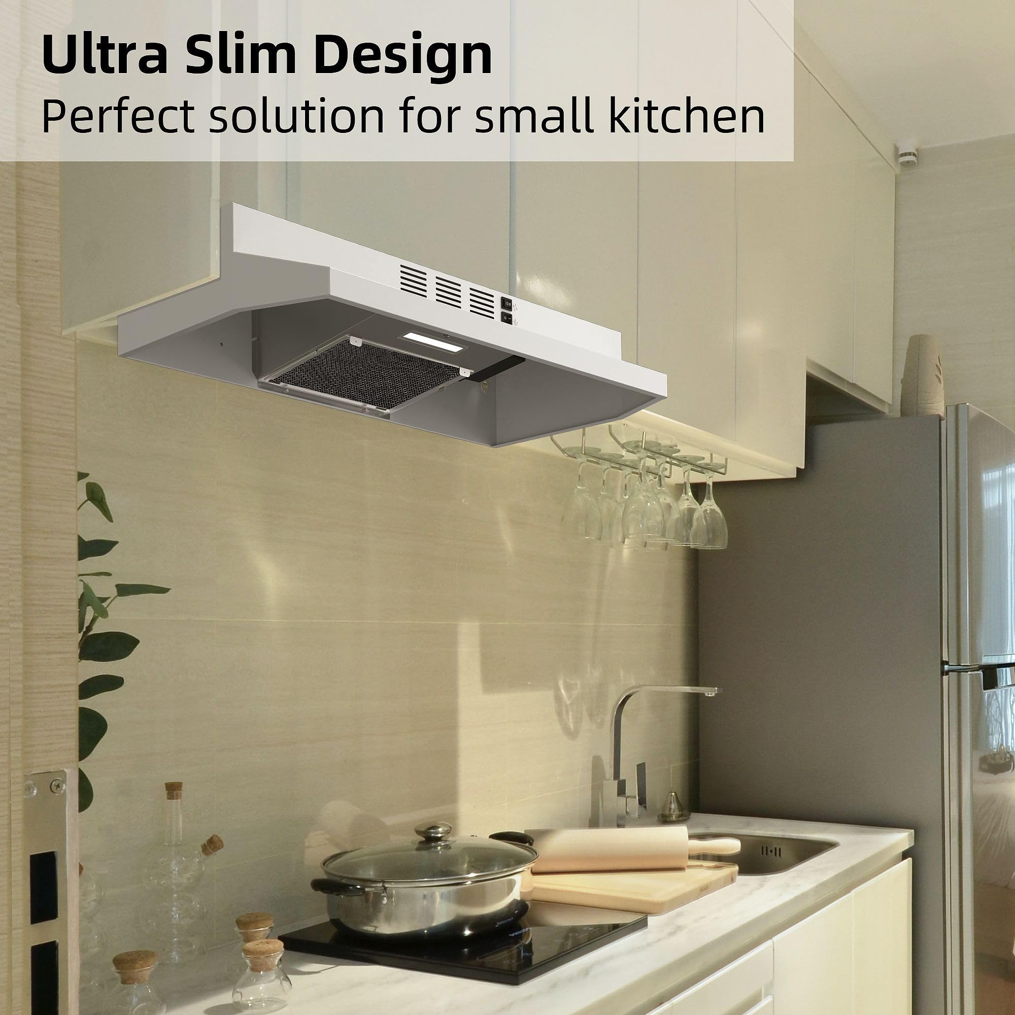 SNDOAS Range Hood 30 inch Under Cabinet, Ducted/Ductless Convertible Kitchen Hood, Stainless Steel Vent Hood with LED Light,Under Cabinet Hood with 2 Speed Exhaust Fan,Black