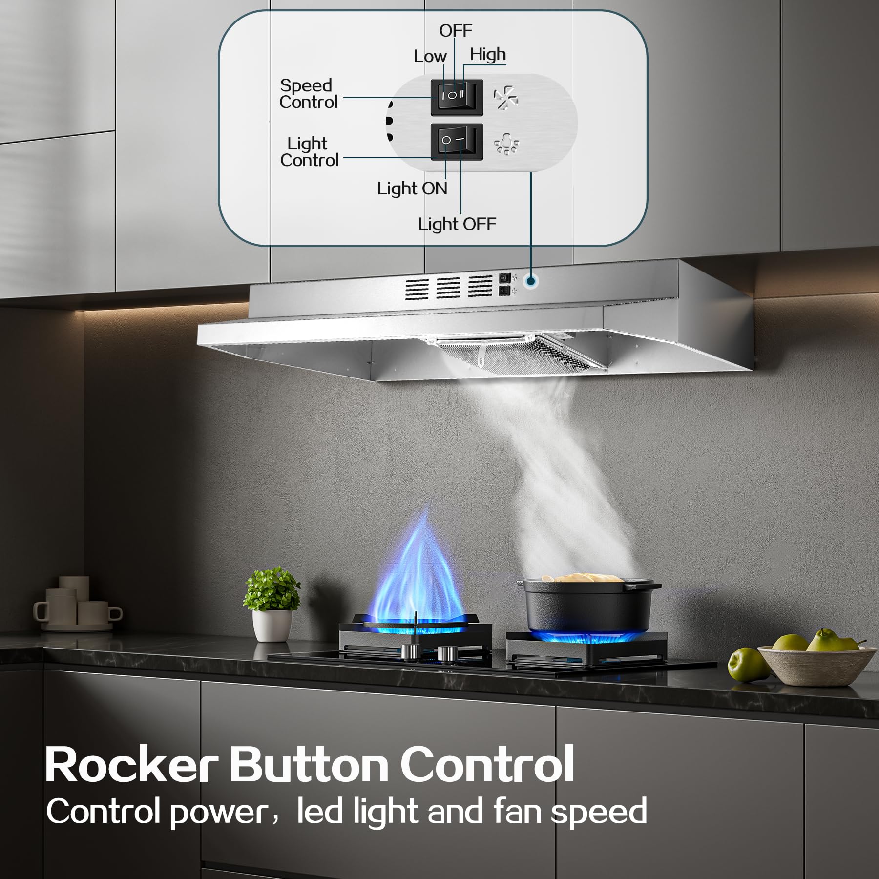 Range Hood 30 inch Under Cabinet, Stainless Steel Kitchen Vent Hood 280CFM, Built-in Kitchen Stove Hood w/Rocker Button Control, Ducted/Ductless Convertible Duct, 2 Speeds Fan, Bright LED Light