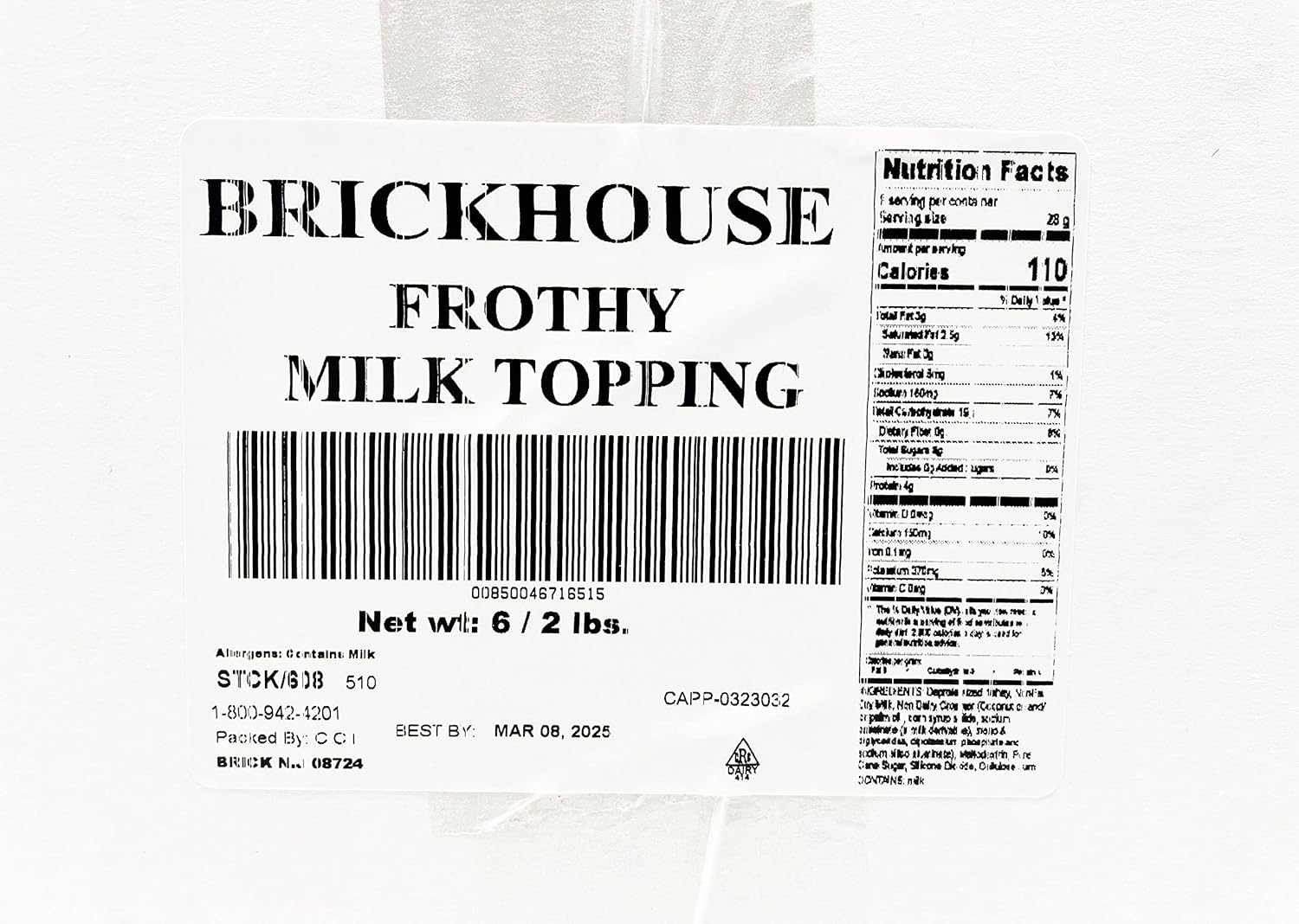 Brickhouse Frothy Milk Topping Mix – Soluble Milk Powder for Cappuccino, Latte & Hot Beverages, 6/2lb Bags