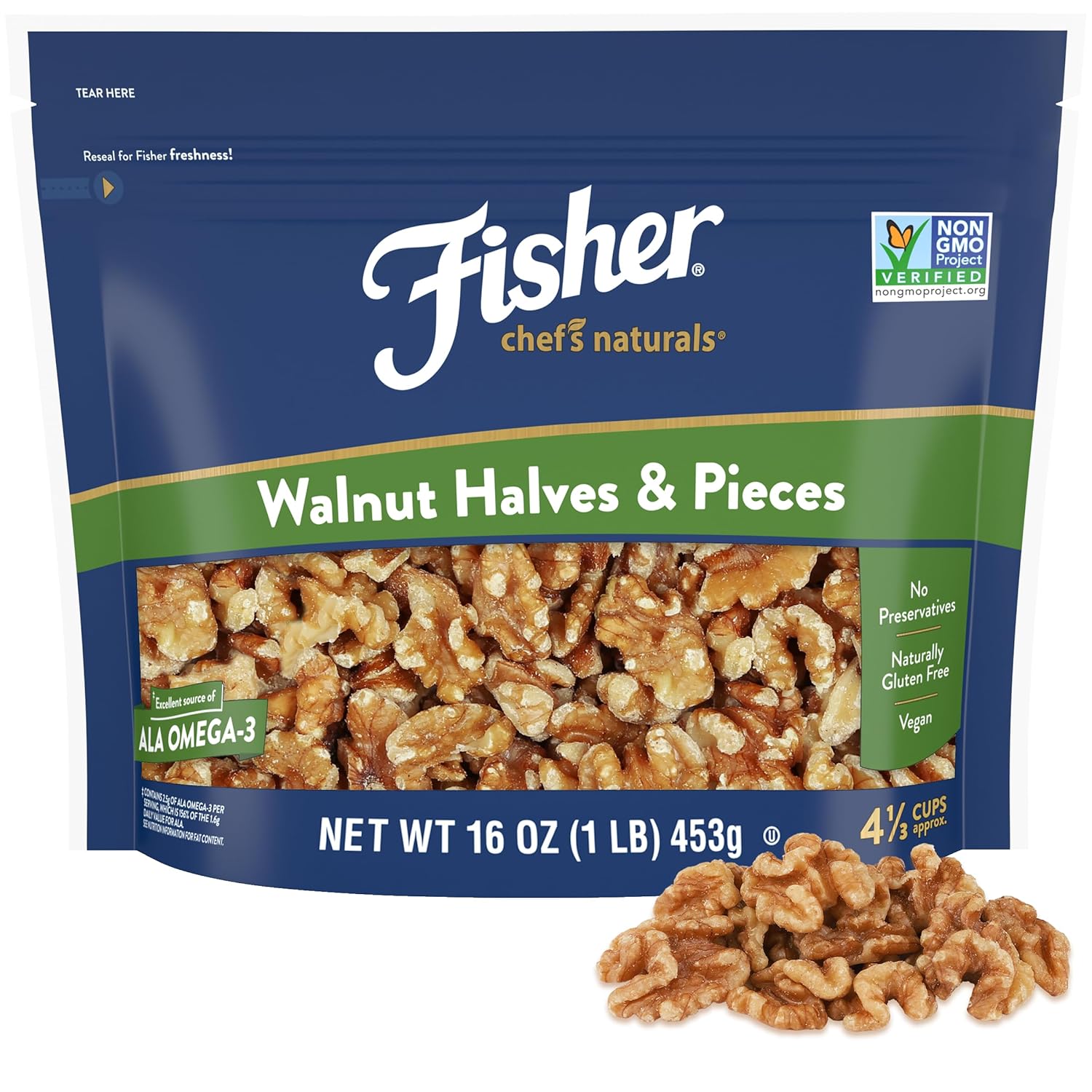 Fisher Chef's Naturals Walnut Halves & Pieces 2 lb, 100% California Unsalted Walnuts for Baking & Cooking, Healthy Snacks for Adults, Resealable Bag, Vegan Protein, Keto Snack, Chopped Nuts, Topping