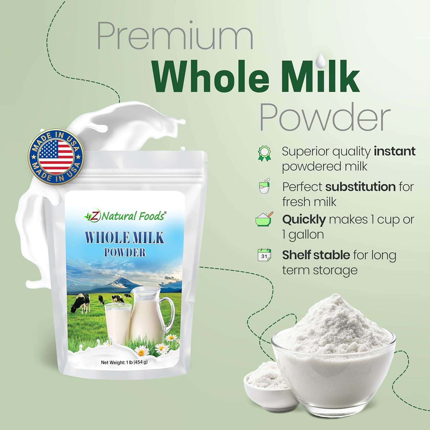 Z Natural Foods Premium Whole Milk Powder - Powdered Milk for Baking, Cooking, Drinks - Dry Milk Powder, Pasteurized, Non-GMO, Gluten-Free, Kosher-Certified, 5 lbs