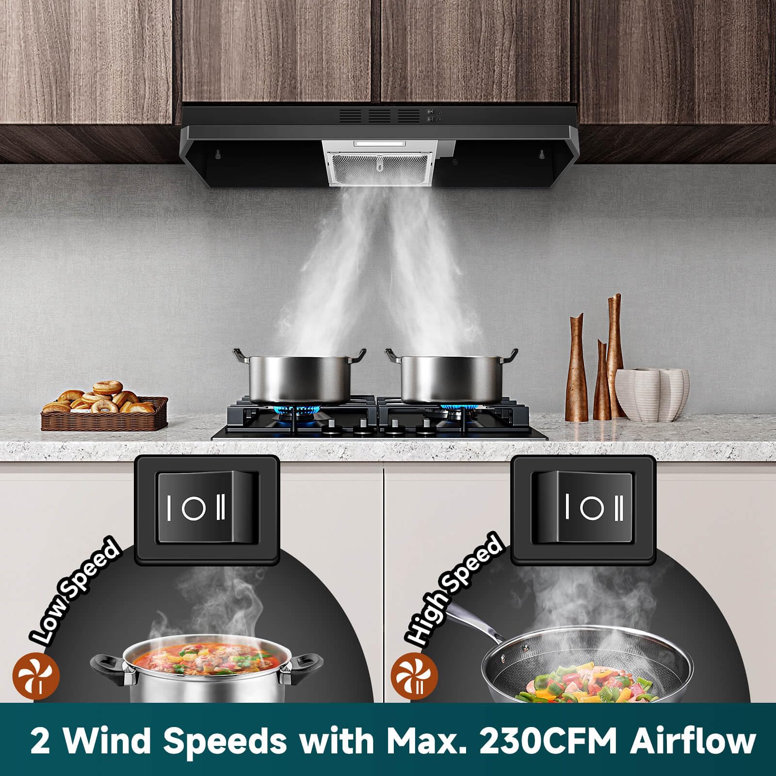 SNDOAS Range Hood 30 inch Under Cabinet, Ducted/Ductless Convertible Kitchen Hood, Stainless Steel Vent Hood with LED Light,Under Cabinet Hood with 2 Speed Exhaust Fan,Black