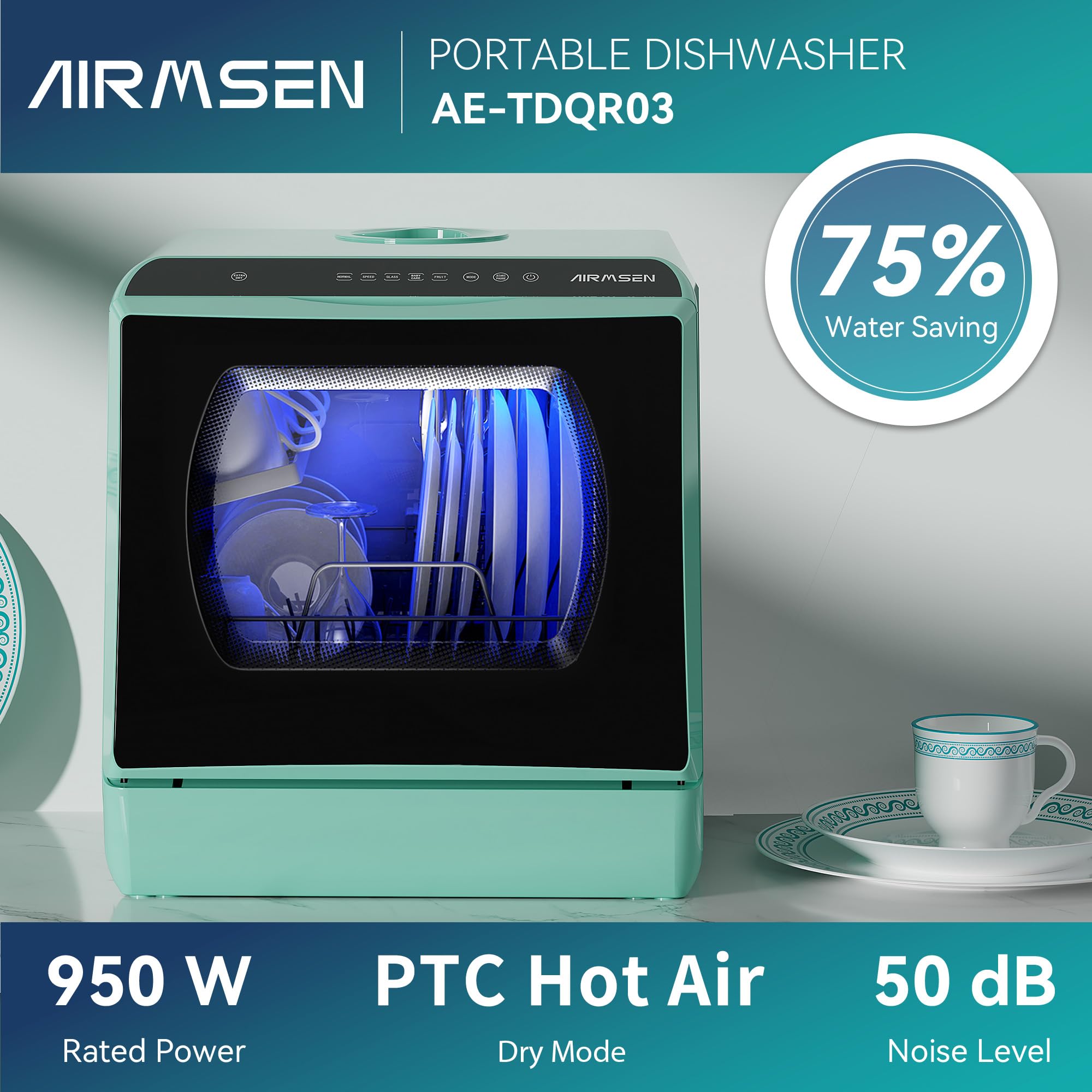 AIRMSEN Portable Countertop Dishwashers, 5 Washing Programs Mini Dishwashers with 1.2 Gal Built-in Water Tank and Double-layered Glass Door, No Hookup Needed for Home, Apartments & RVs