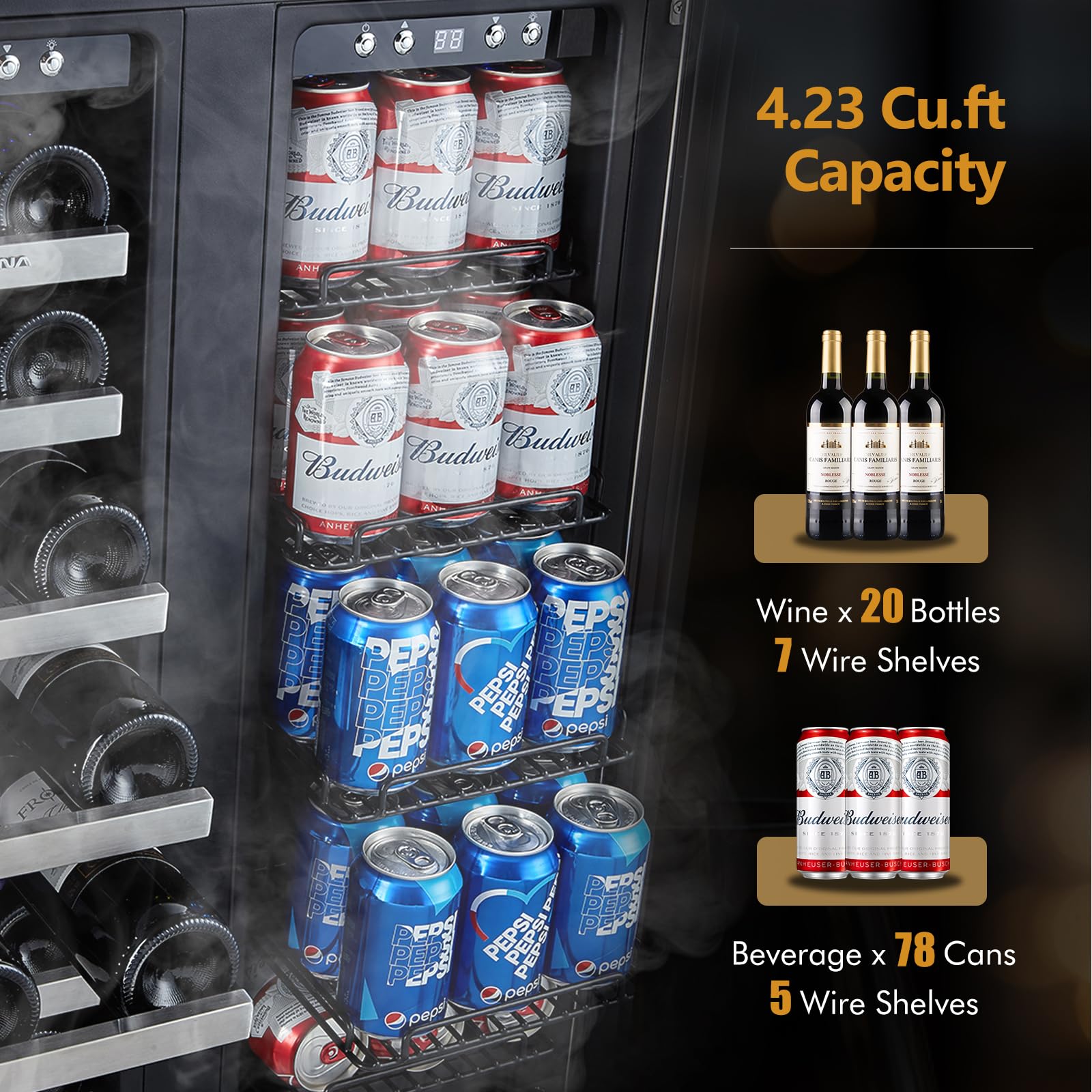 Phiestina Beverage Fridge, 24 Inch Wine and Beverage Refrigerator, Under Counter Wine Cooler- 20 Bottles & 76 Cans, Built-in/Freestanding Dual Zone with Glass Door