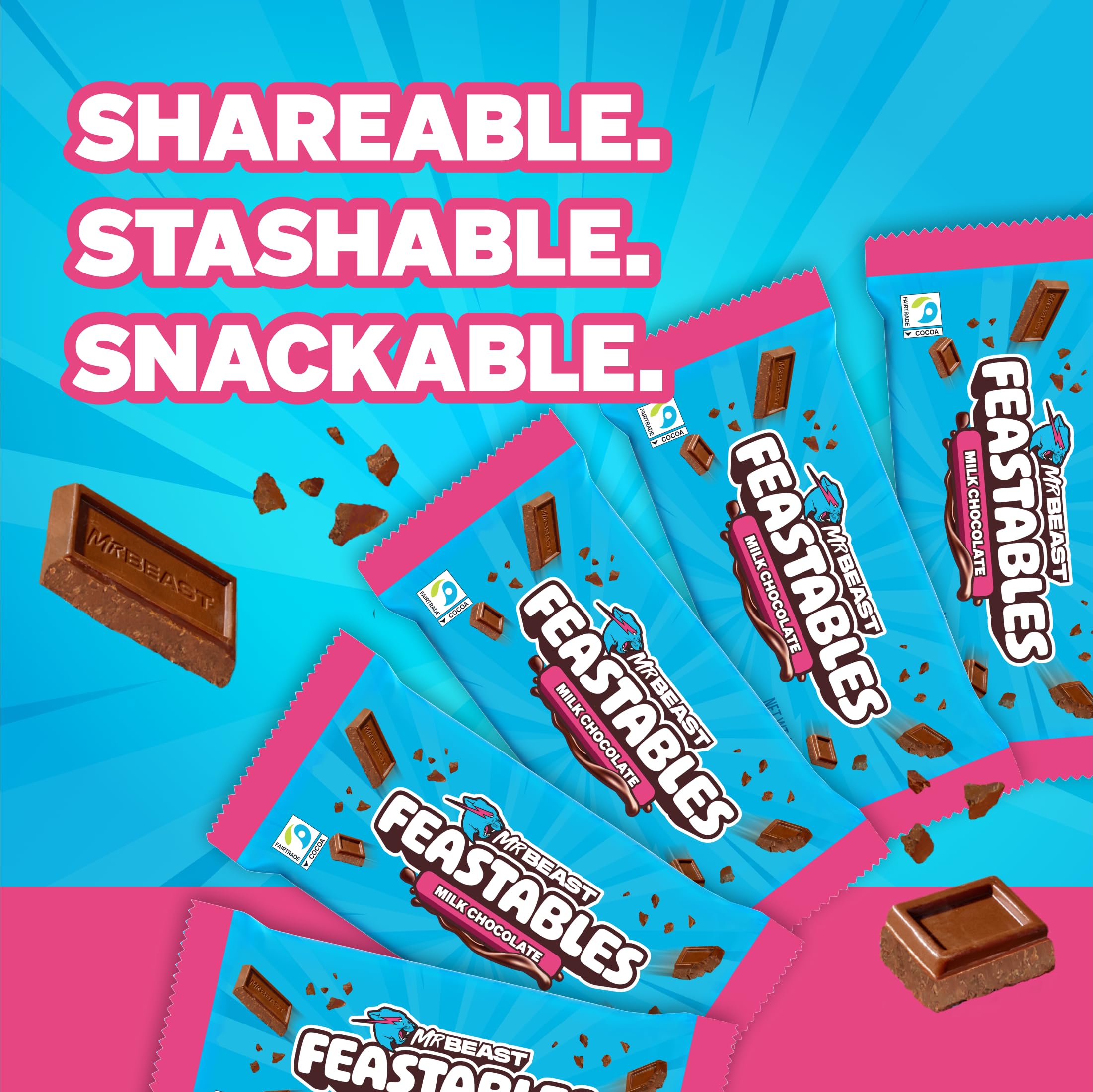 Feastables MrBeast Milk Chocolate Chocolate Bar, Full Size Bar for Adults & Kids, Candy Bars, Snacks, Gifts, or Dessert, Sweet & Creamy Fairtrade Cocoa, 1.24 Oz Each, 24 Count