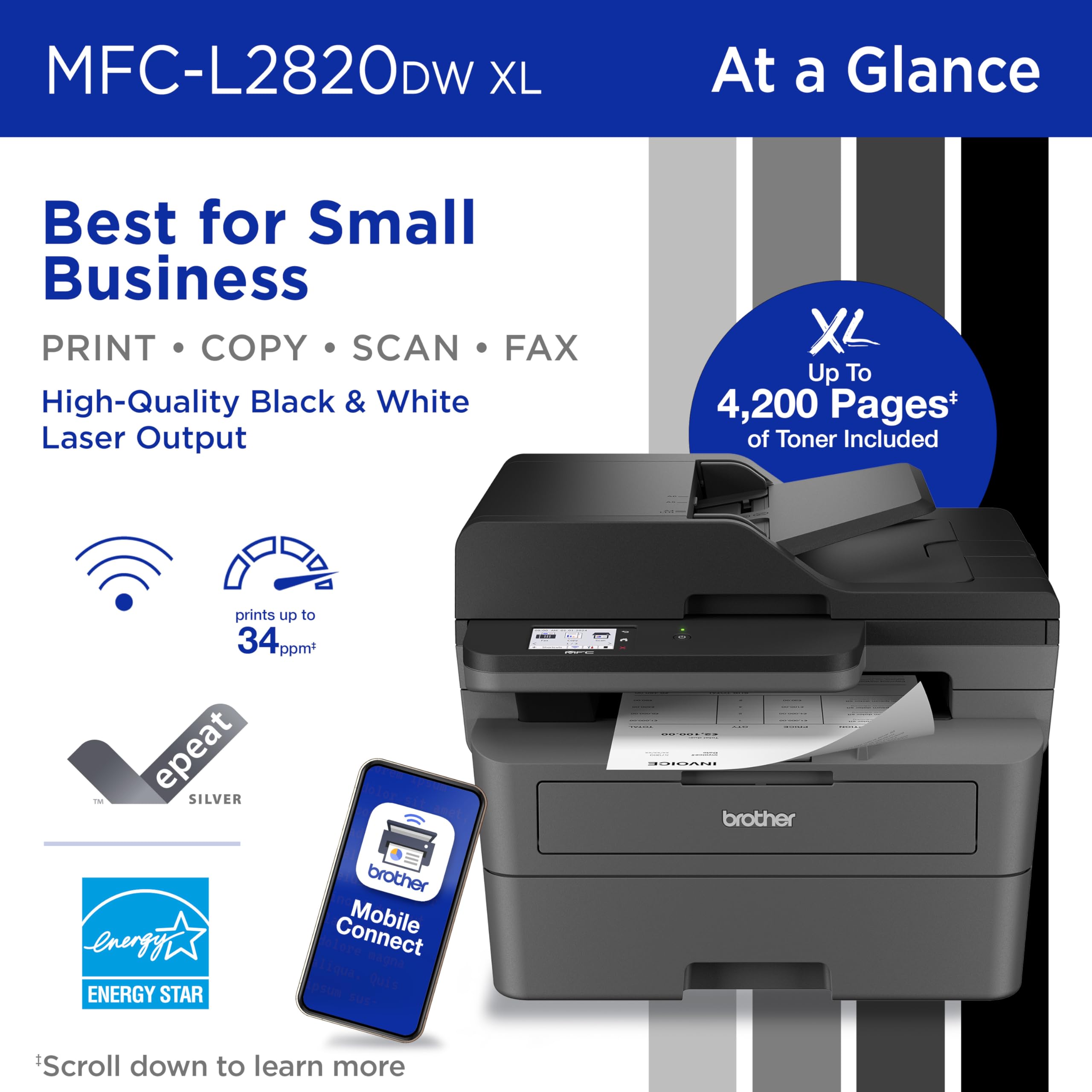 Brother MFC-L2820DW Wireless Compact Monochrome All-in-One Laser Printer with Copy, Scan and Fax, Duplex, Black & White | Includes Refresh Subscription Trial(1), Works with Alexa