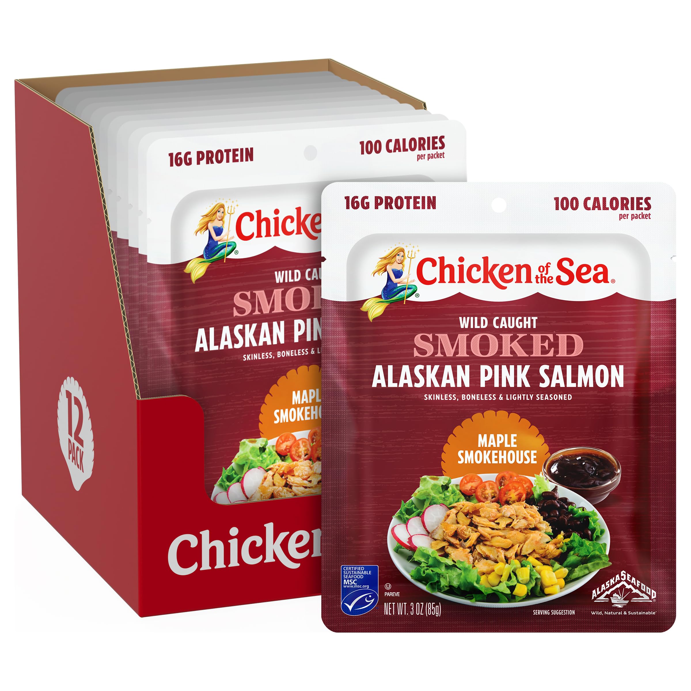 Chicken of the Sea Alaskan Pink Salmon in Spring Water, 2.5 Ounce Packets (Box of 12), Wild Caught, Skinless & Boneless