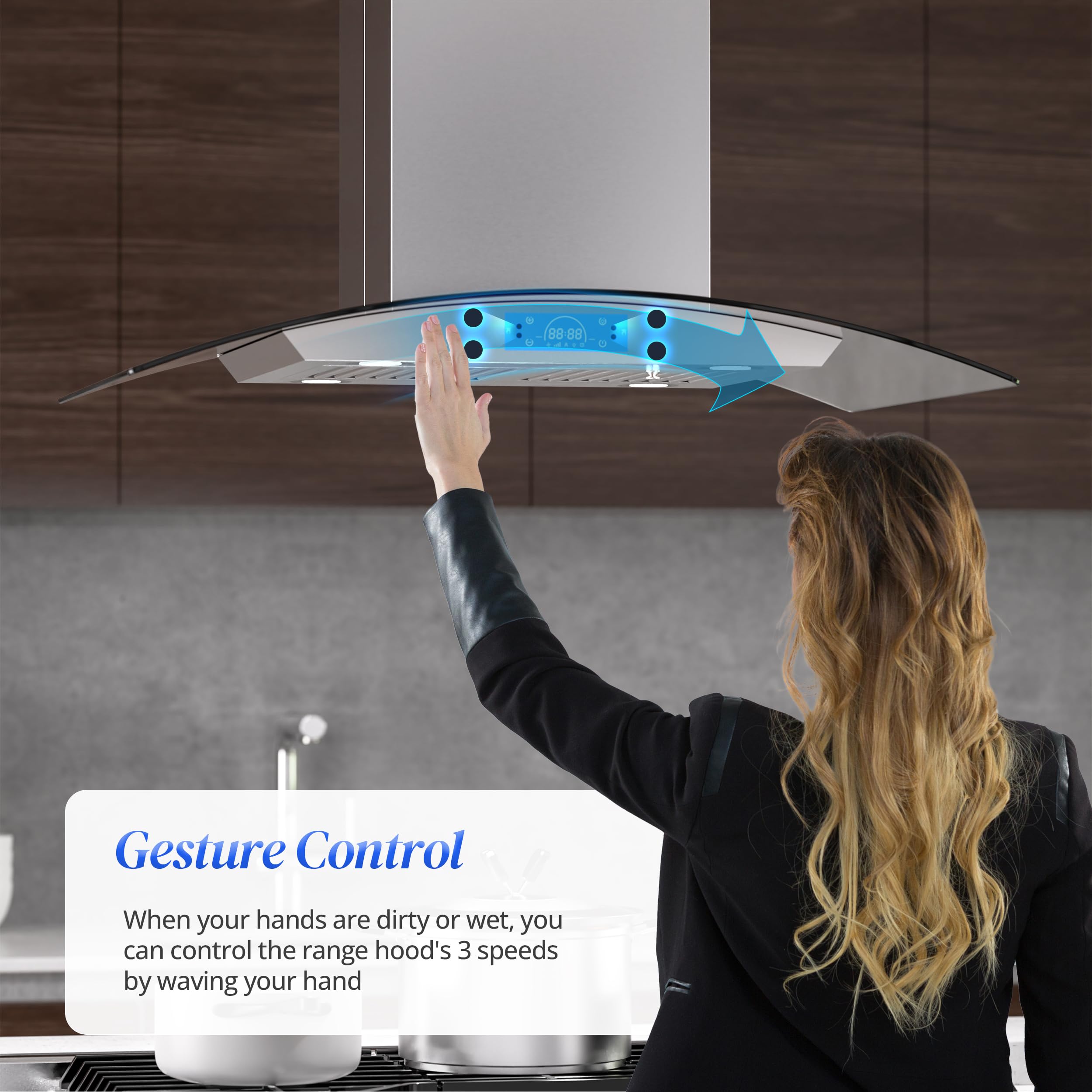 FIREGAS Island Range Hood 30 inch 700 CFM with Chimney, Ceiling Mount Kitchen Vent Hood with Tempered Glass, 4 LED Lights, Permanent Filters, Premium Touch Control Panel, Includes Charcoal Filter
