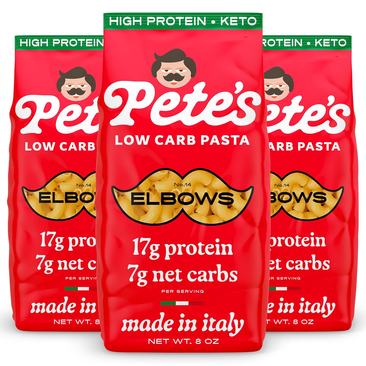 High Protein, Low Carb Pasta Variety | Penne, Rotini, Elbow Macaroni with 17g Protein, 7g Carbs | Healthy, Keto Pasta Made in Italy | 3-Pack, 8oz - Pete’s Pasta