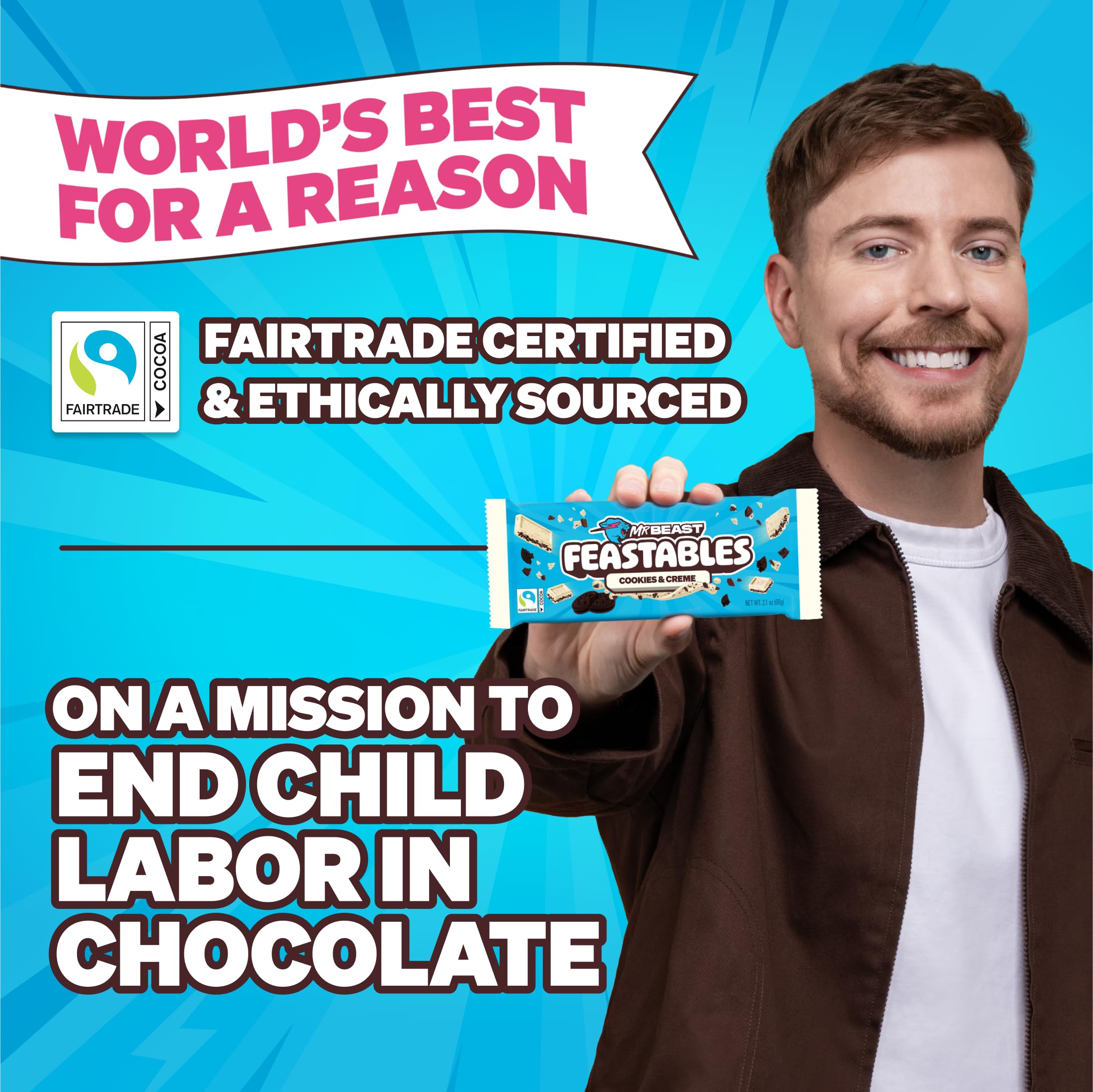 Feastables MrBeast Milk & Cookies Pack, King Size Milk Chocolate & Cookies & Creme Bars, 10 Each, Candy Bars for Adults & Kids as Snacks, Gifts, or Dessert, Fairtrade Cocoa, 2.1 Oz Each, 20 Count