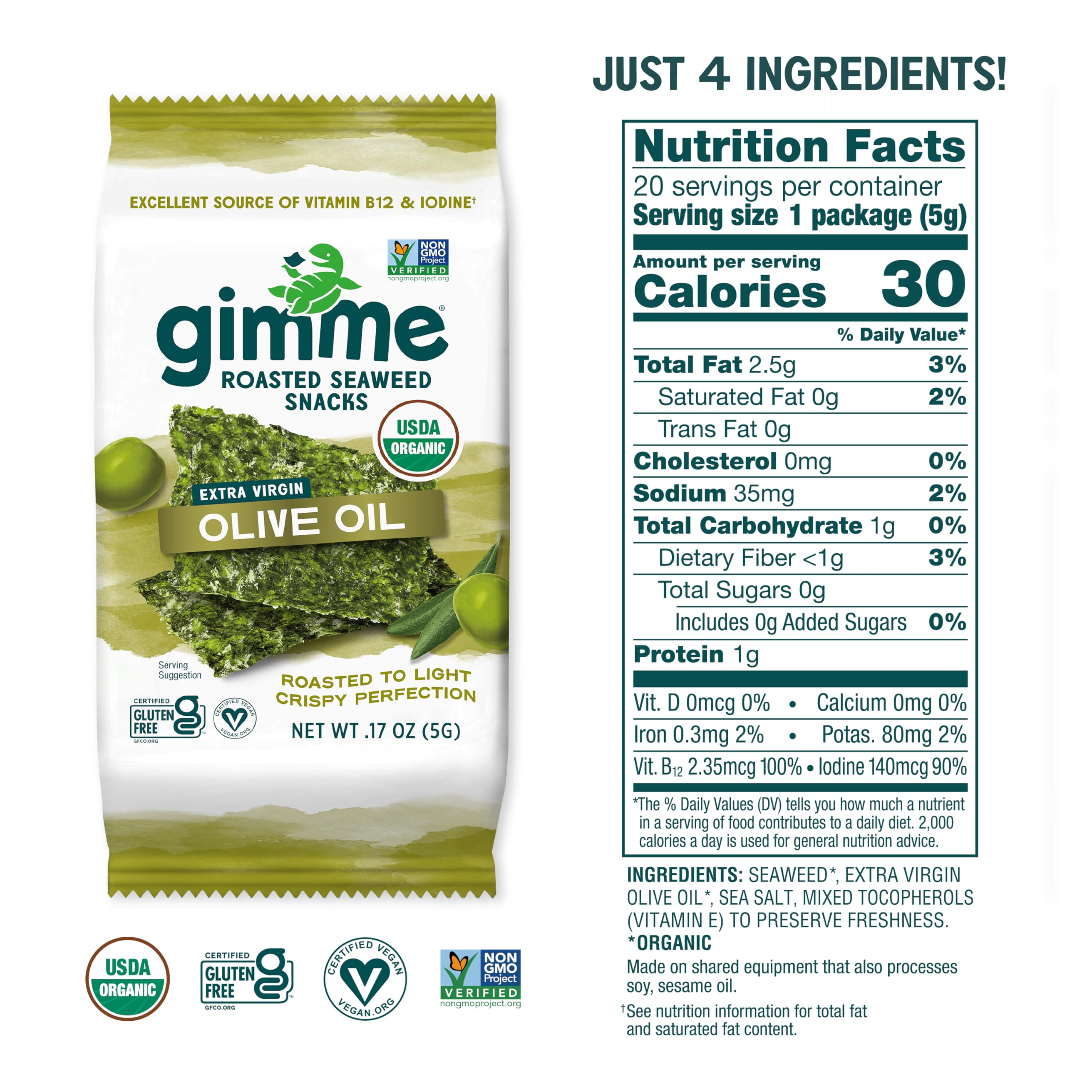 Gimme Seaweed Organic Premium Roasted Seaweed Snacks, Sea Salt, 20 Count, Keto, Vegan, Gluten-Free, Great Source of Omega3s and Iodine, Healthy On-The-Go Snack for Kids and Adults