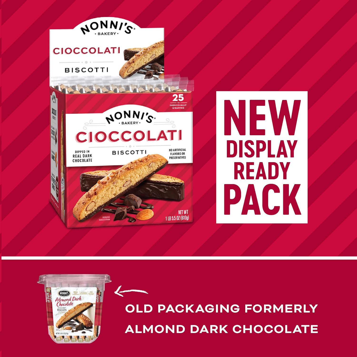 Nonni's Cioccolati Dark Chocolate Almond Biscotti Cookies – Individually Wrapped Italian Coffee Snack, Crunchy Twice-Baked, 21.5 oz Carton