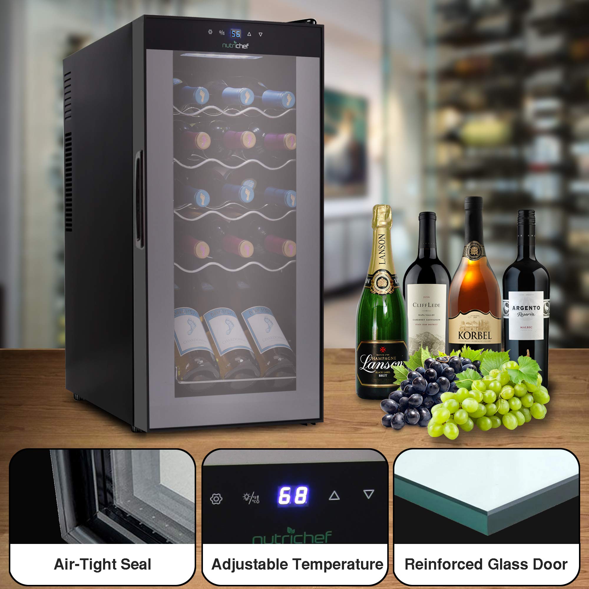 Nutrichef 12 Bottle Stainless Steel Slim Wine Fridge | Red & White Wine Chiller | Adjustable Temperature Control, Ultra Quiet Operation & Energy Efficient | Mini Wine Cooler Refrigerator | 31x10x17 IN
