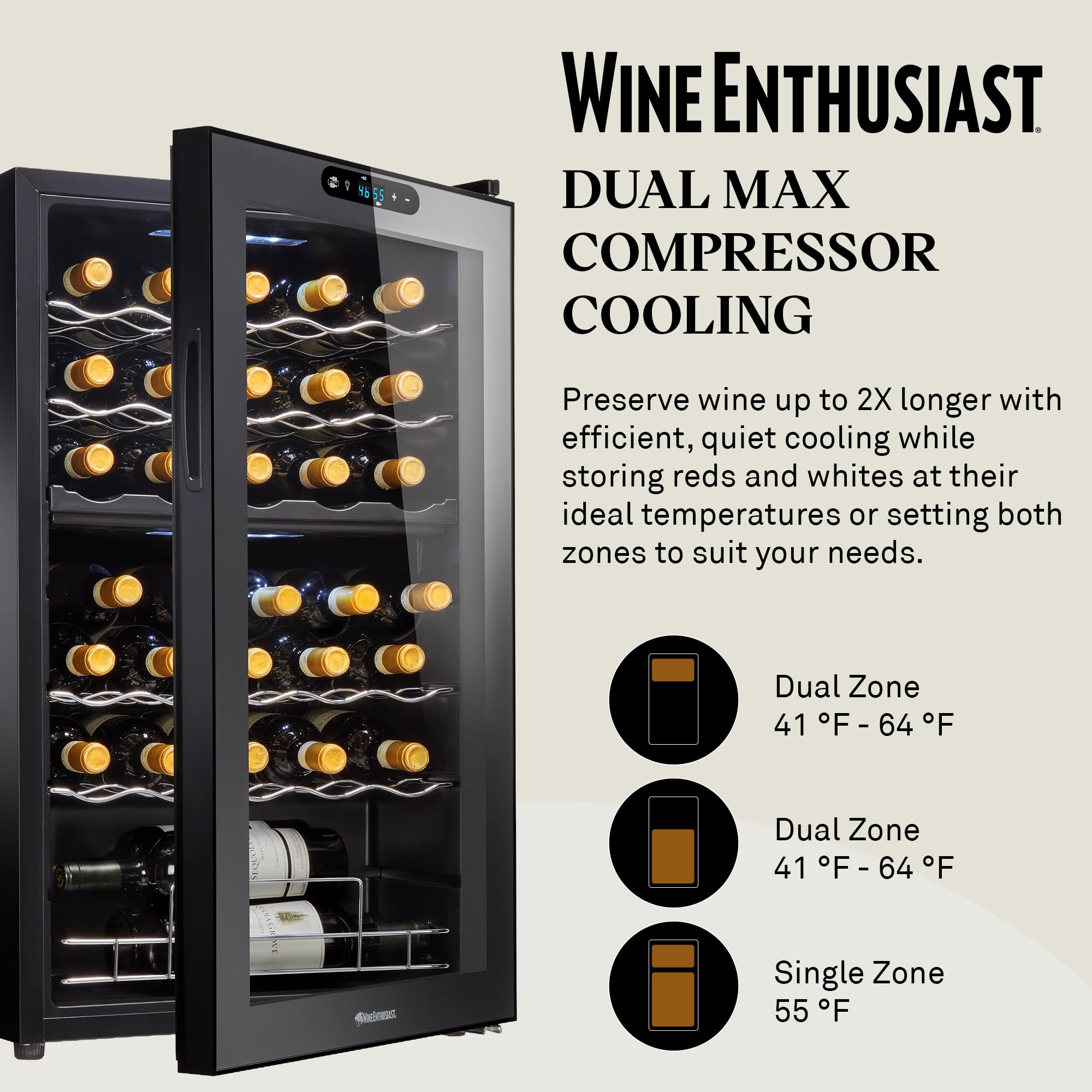Wine Enthusiast 32-Bottle Dual Zone MAX Compressor Wine Cooler – Freestanding Mini Fridge with Digital Touchscreen, LED Display, Split Storage for Red & White Wines, Matte Black Refrigerator Home Bar