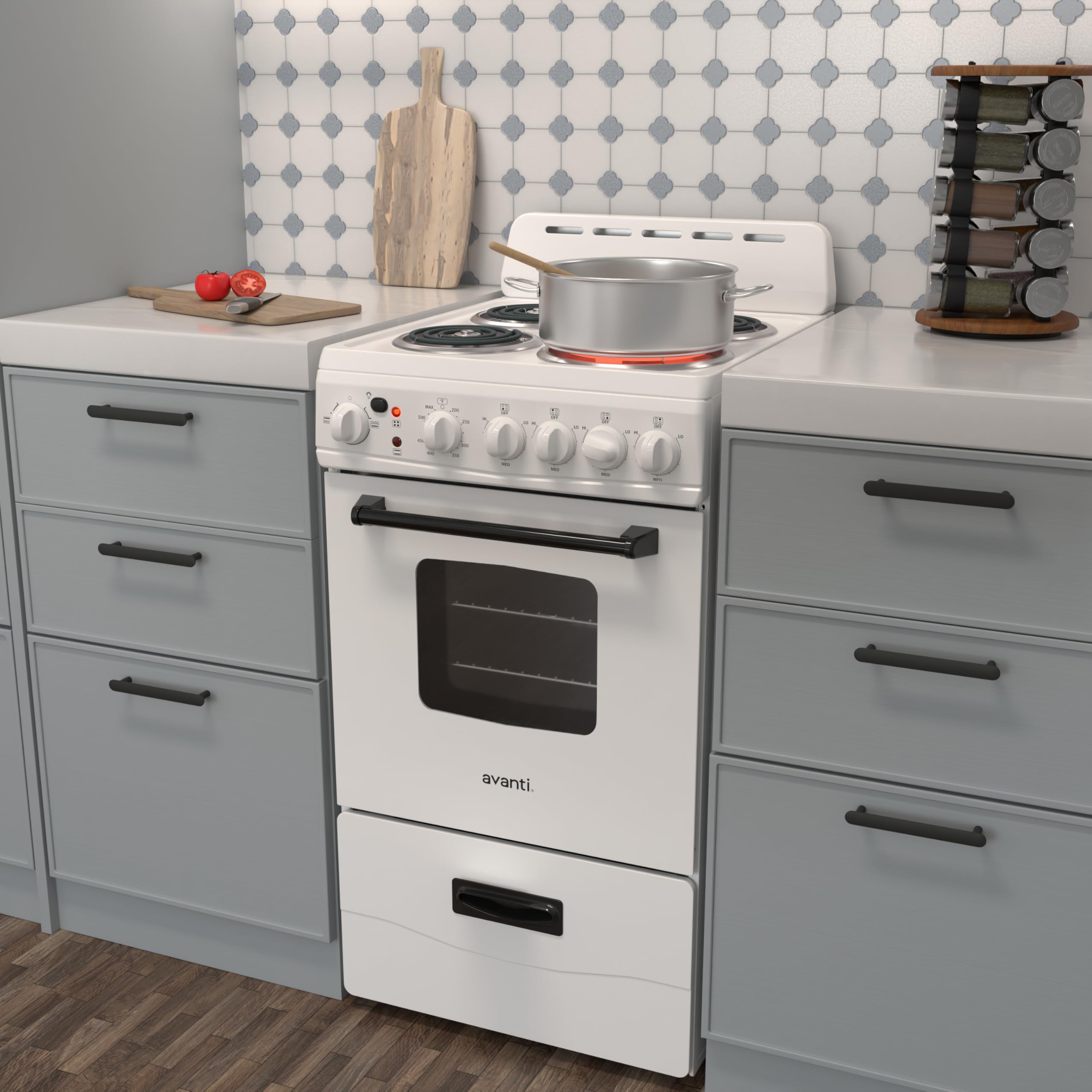 Avanti Electric Range Oven Compact Design, 2.1-Cu.Ft. Capacity with 4 Coil Burners, Framed Glass Oven Door, Storage Drawer and Broiler with Pan Perfect for Apartments, 20-Inch, Stainless Steel