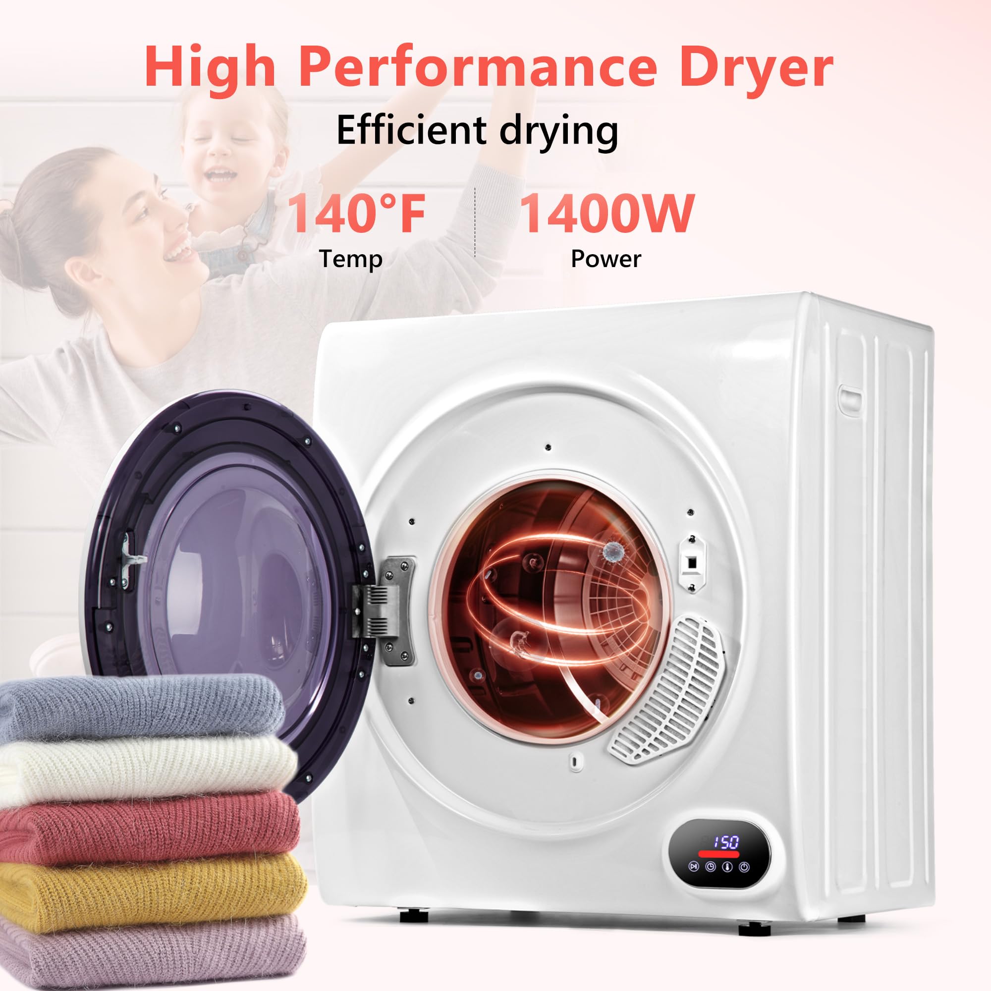 Euhomy Compact Laundry Dryer, 3.5 cu ft Front Load Stainless Steel Clothes Dryers With Exhaust Pipe, 1500W, LCD Control Panel Four-Function Portable Dryer For Apartments, Home, Dorm, White