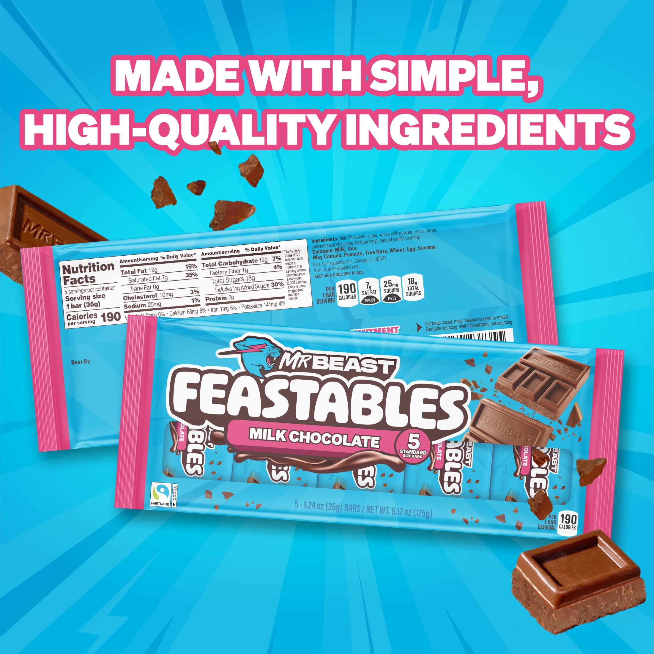 Feastables MrBeast Milk Chocolate Chocolate Bar, Full Size Bar for Adults & Kids, Candy Bars, Snacks, Gifts, or Dessert, Sweet & Creamy Fairtrade Cocoa, 1.24 Oz Each, 24 Count