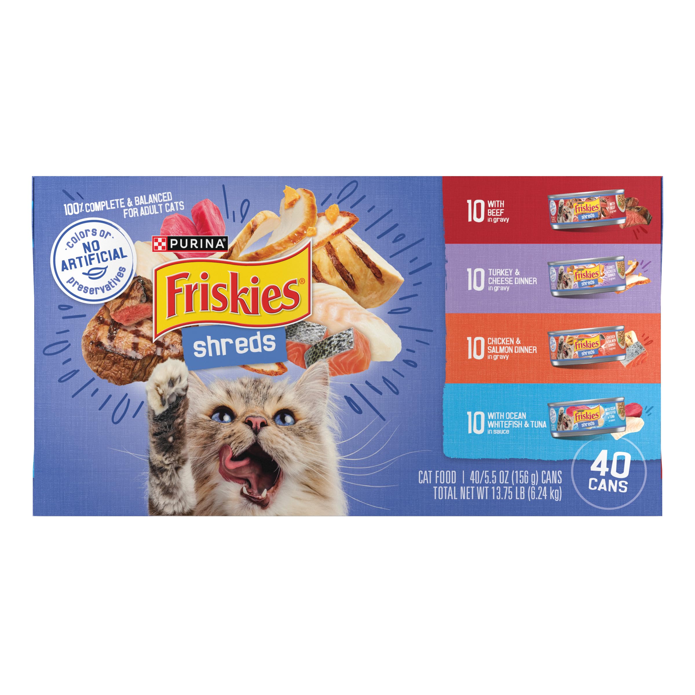 Purina Friskies Wet Cat Food Variety Pack, Shreds With Beef, Turkey and Cheese Dinner, Chicken and Salmon Dinner, and With Ocean Whitefish and Tuna - (Pack of 40) 5.5 oz. Cans