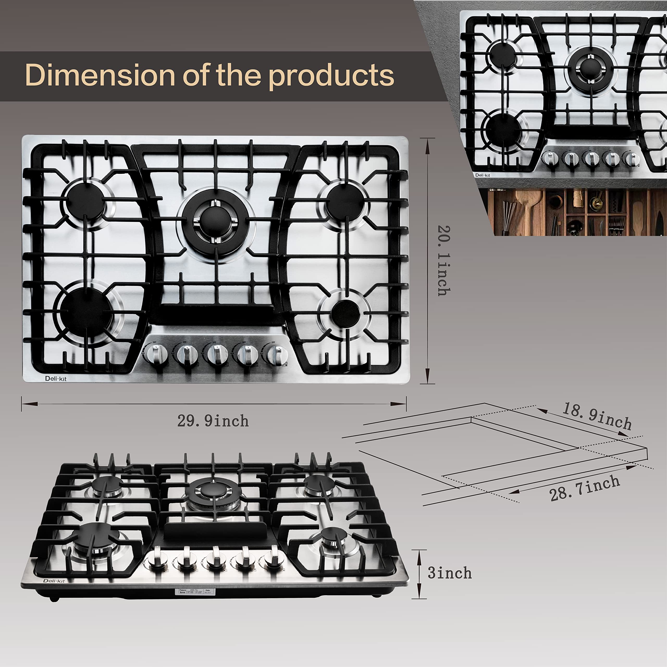 Deli-kit 30 Inch Gas Cooktop - Dual Fuel Sealed 5 Burners Built-In Stainless Steel Hob DK257-A03