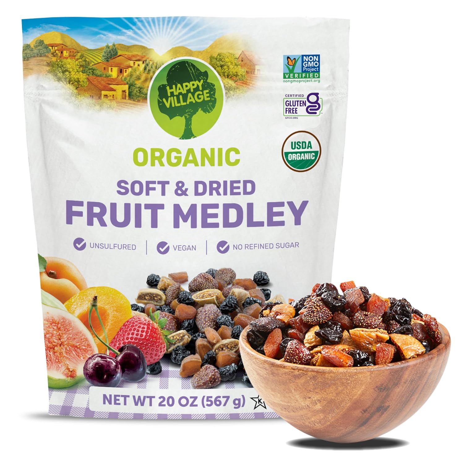 Happy Village Organic Whole Dried Strawberries, 18 OZ Resealable Pack- Soft & Juicy, Kosher, Non-GMO, No Refined Sugar, Apple Juice Infused Dried Strawberry