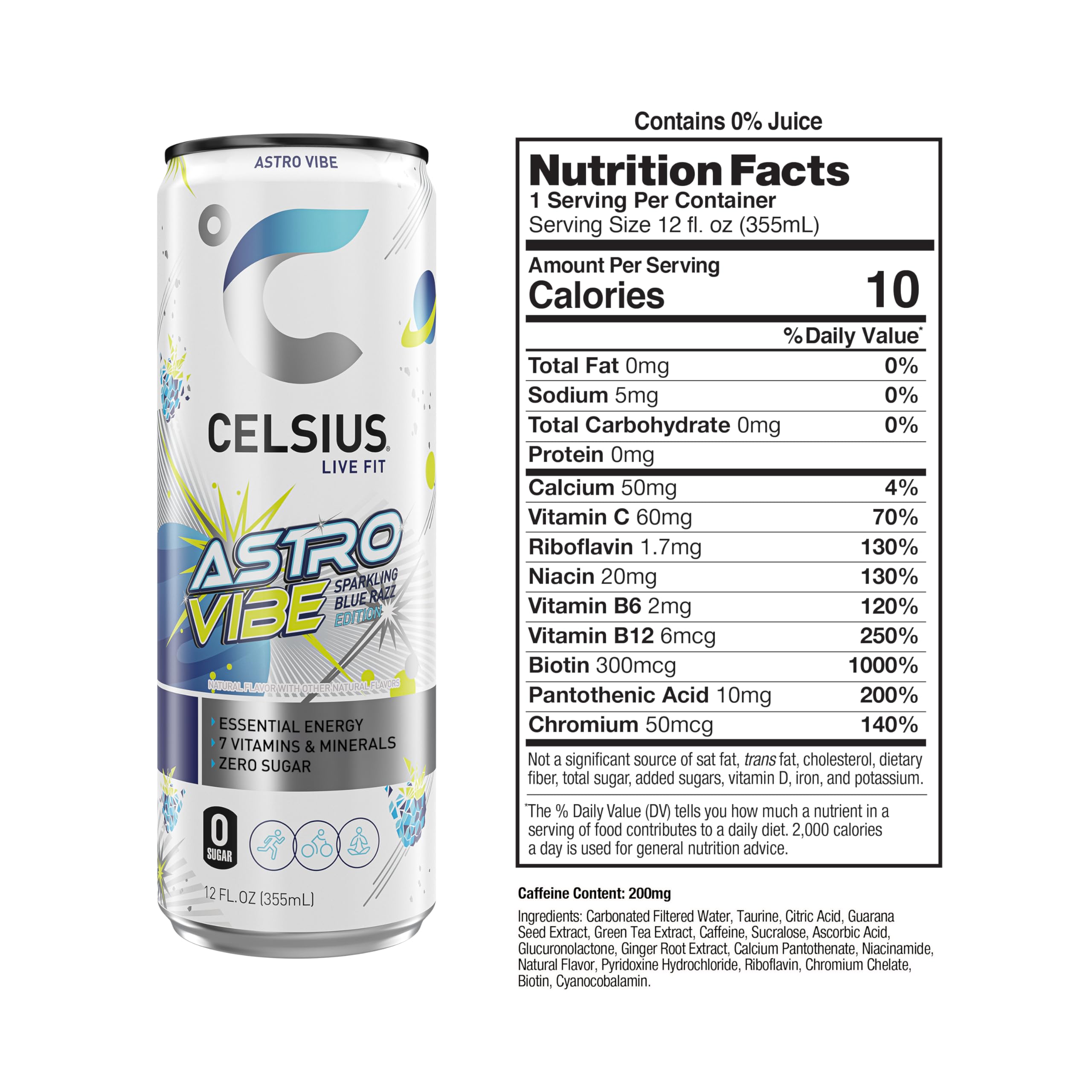 CELSIUS ASTRO VIBE Sparkling Blue Razz, Sugar Free Energy Drink, 12 Fl Oz (Pack of 12)