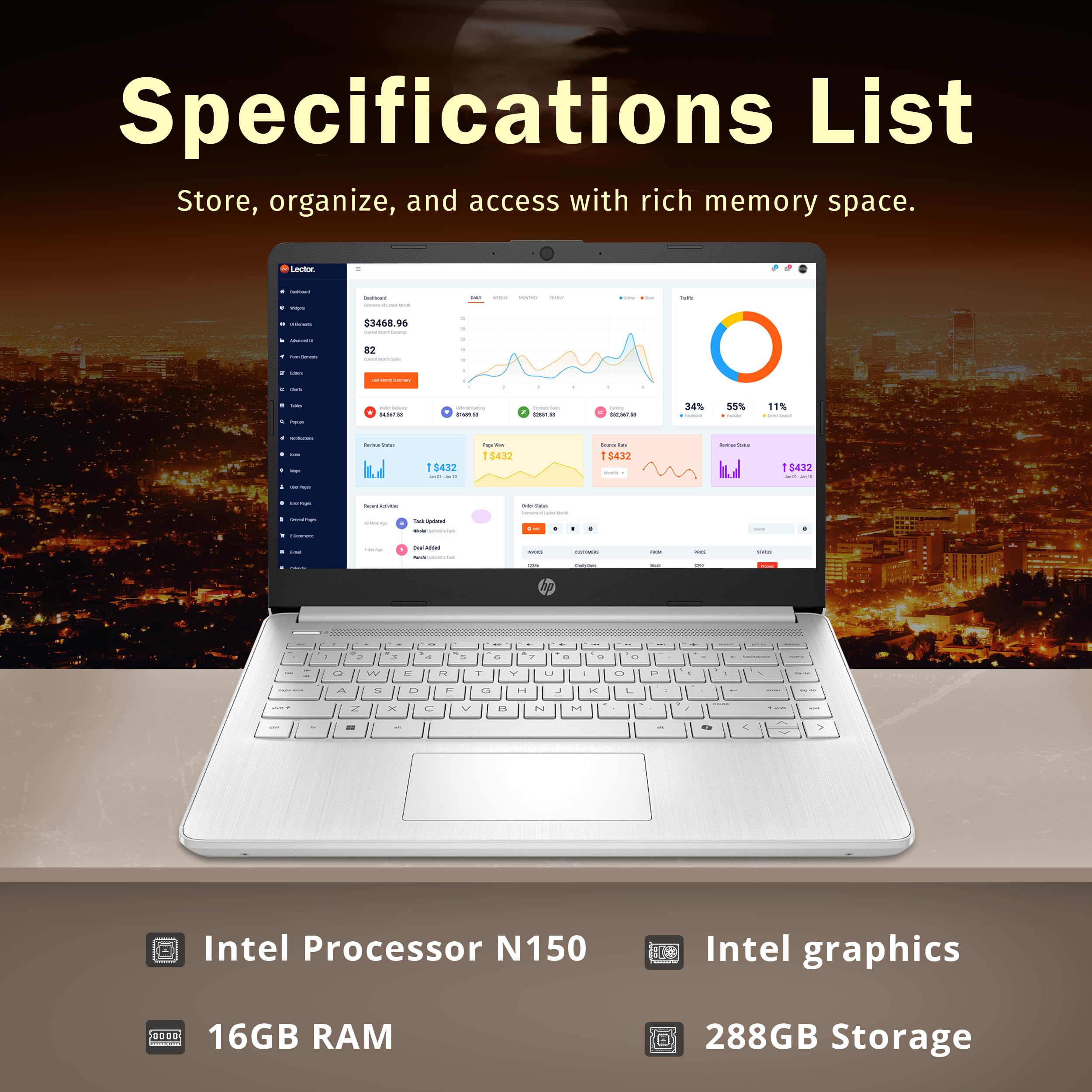 HP Stream 14" HD BrightView Laptop, Intel Celeron N4120, 16GB RAM, 288GB Storage (128GB UFS + 160GB Docking Station Set), Intel UHD Graphics, 720p Webcam, Wi-Fi, 1 Year Office 365, Win 11S, Silver