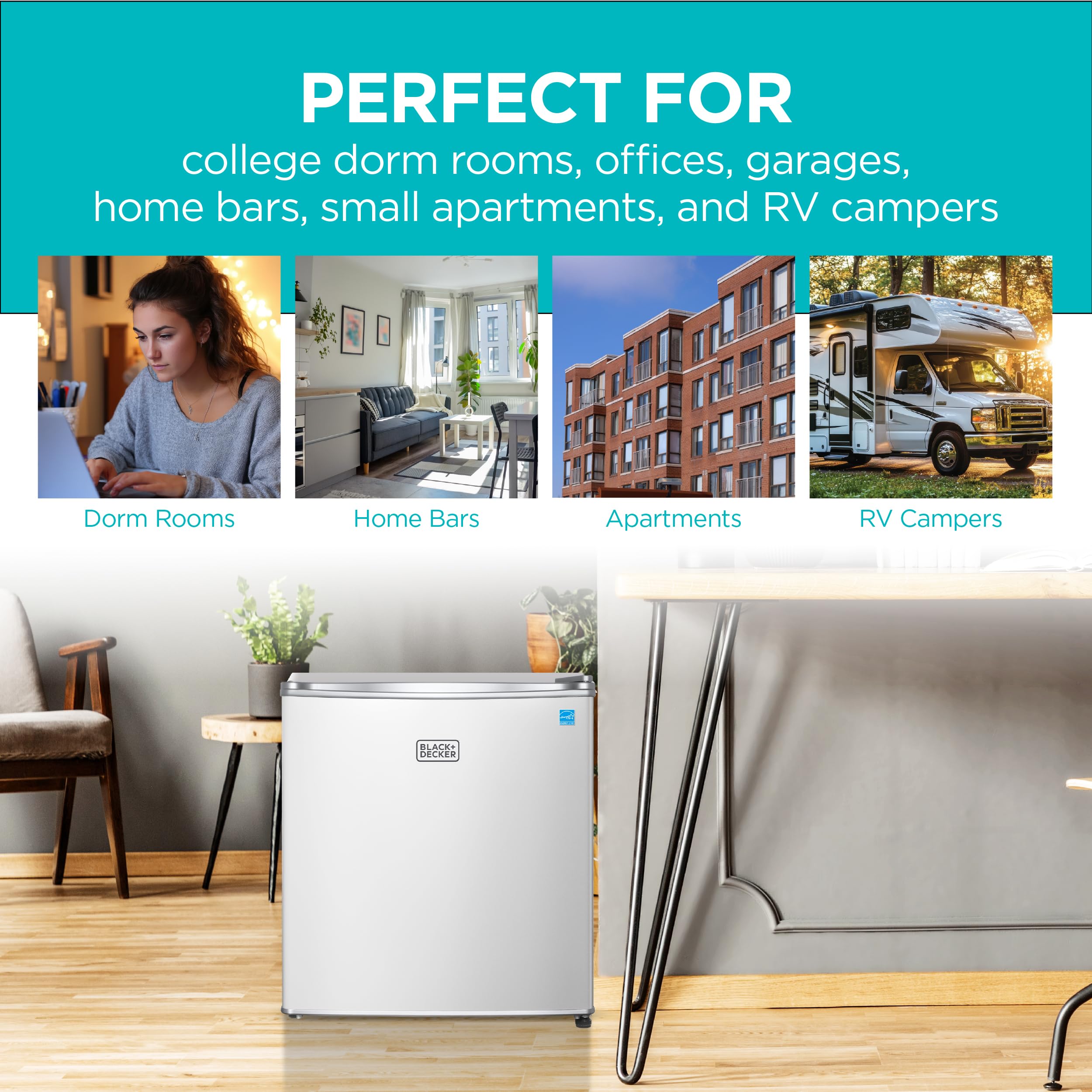 BLACK+DECKER 1.7 Cu. Ft. Compact Refrigerator, ENERGY STAR Certified, Single Door Mini Fridge with Chiller Compartment, Personal Fridge for Home or Dorm Room, R600a Refrigerant, BCRK17W, White