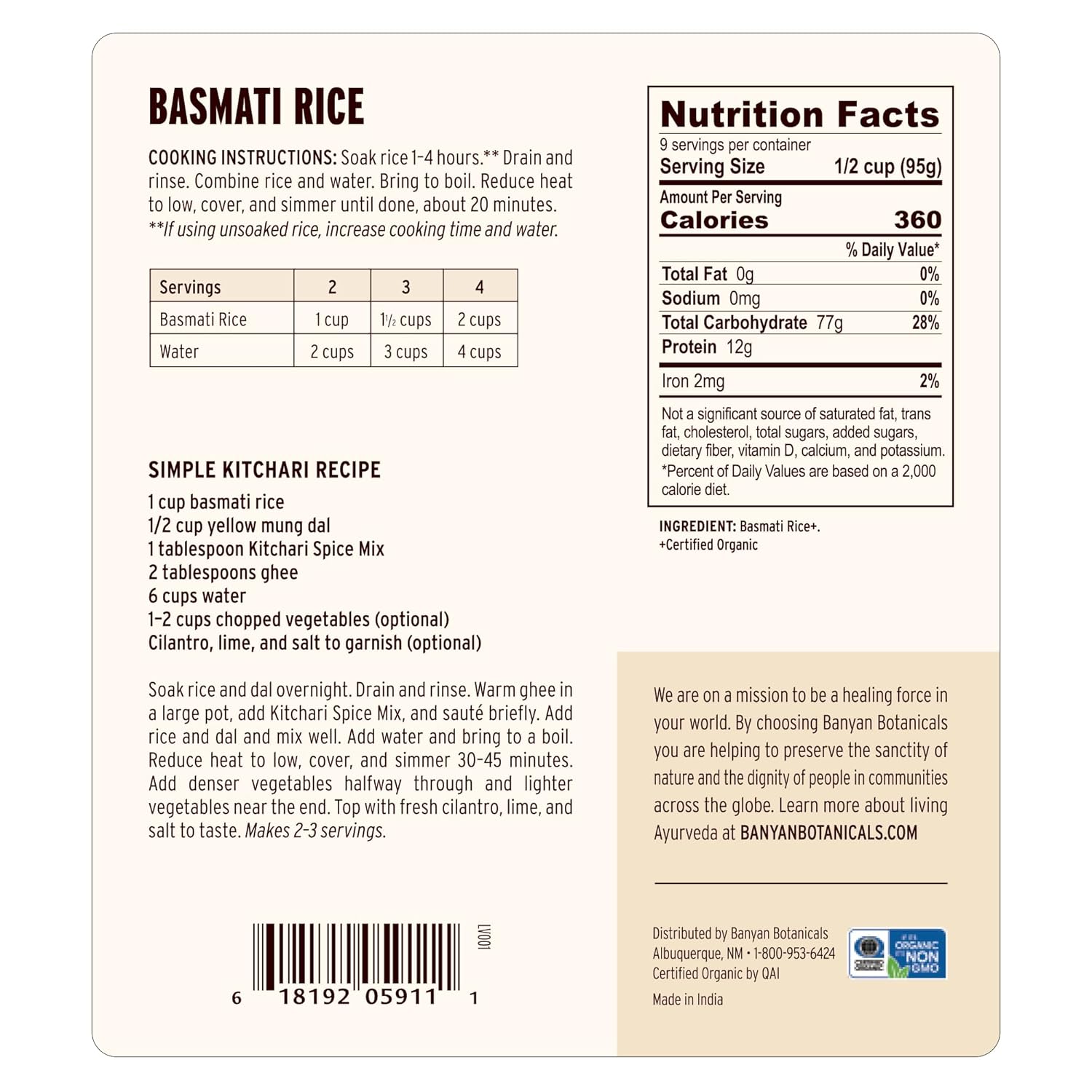 Banyan Botanicals White Basmati Rice – Organic & Pure Basmati Rice for Cooking Healthy Meals and Making Kitchari – With Resealable Zipper Bag – 2 lbs – Non-GMO Sustainably Sourced Vegan